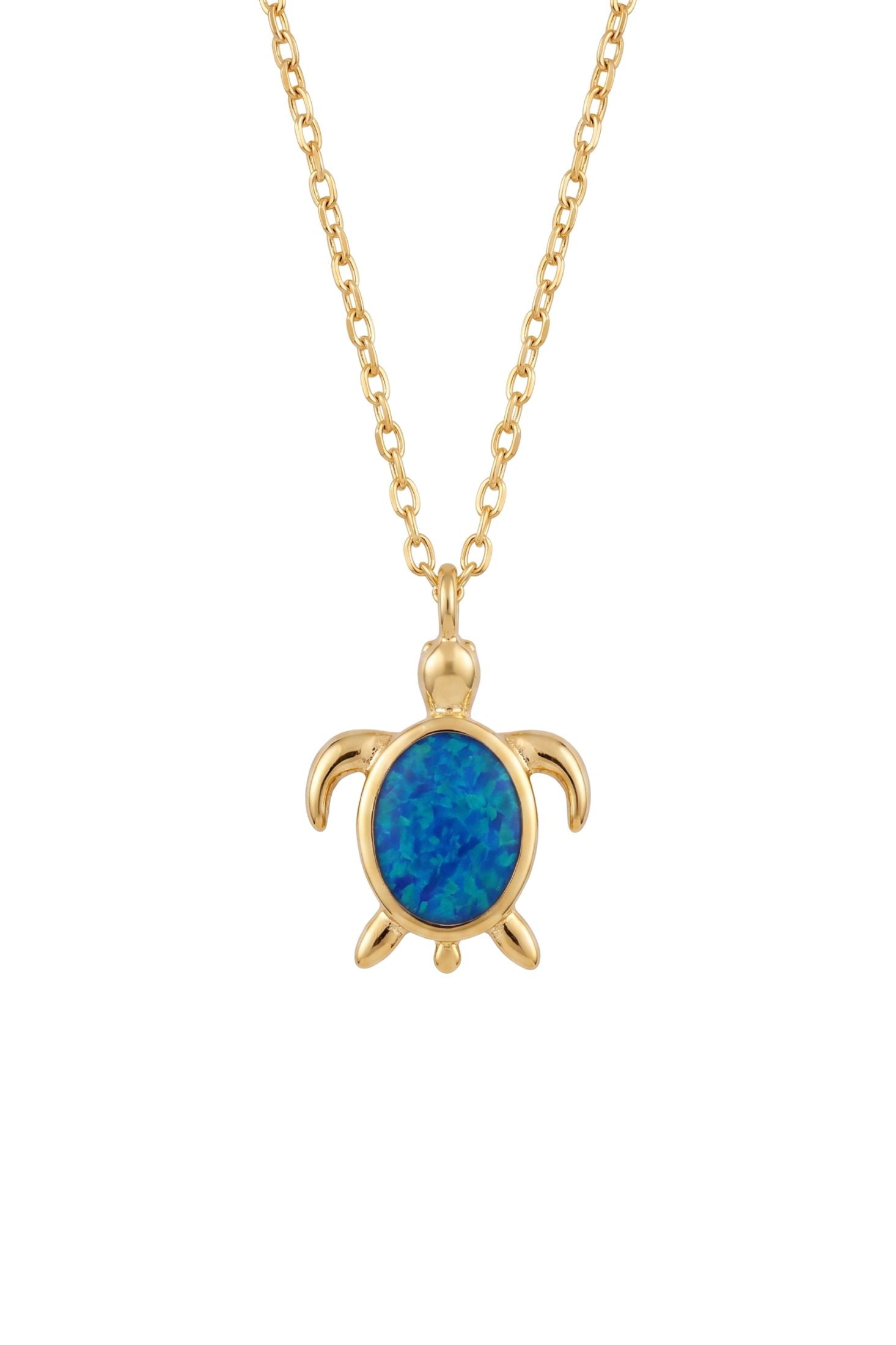 Front view of Sea Turtle Blue Opal Pendant Necklace Gold, showing turtle design, gold finish.