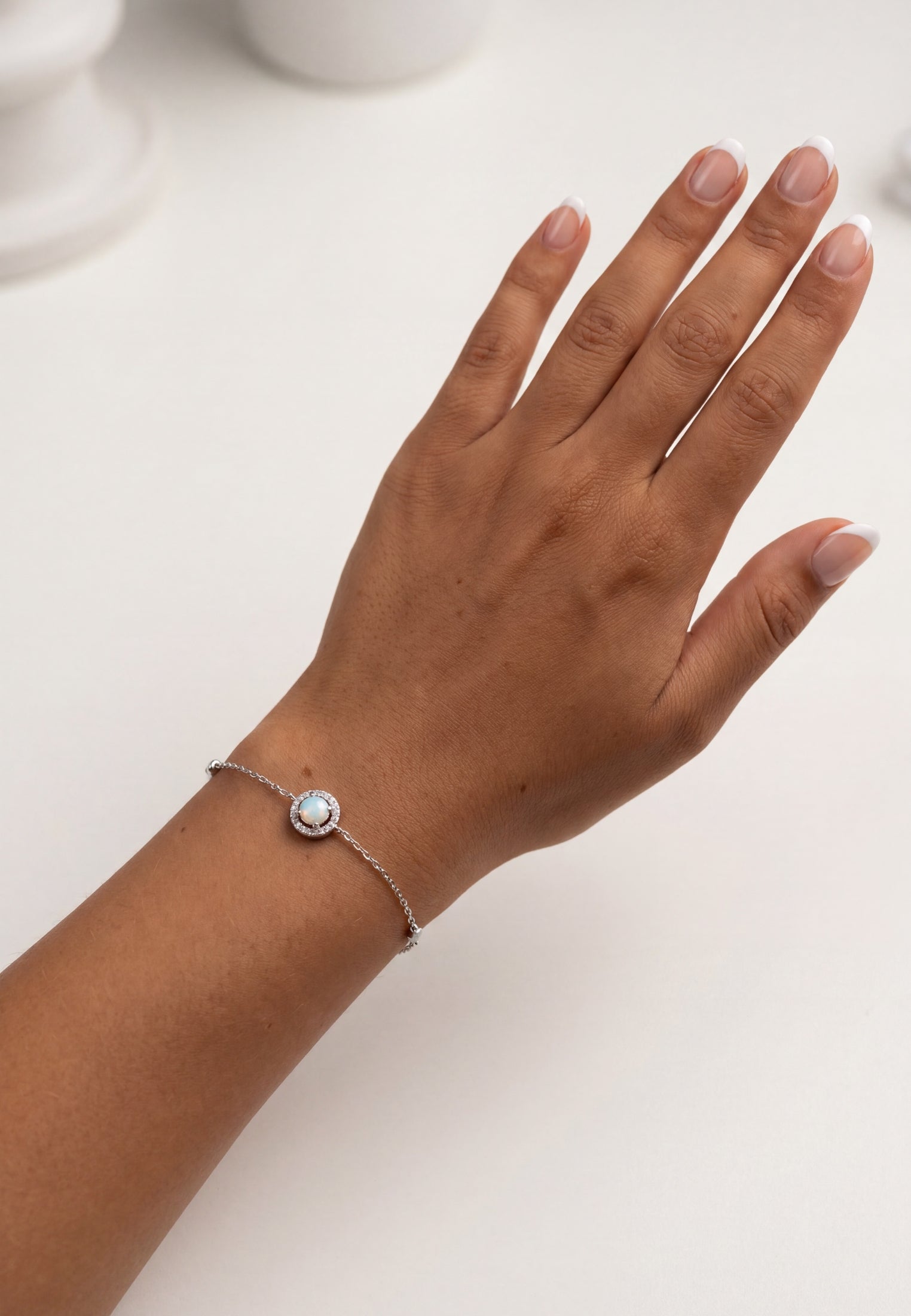 Round White Opal Bracelet Silver CZ
