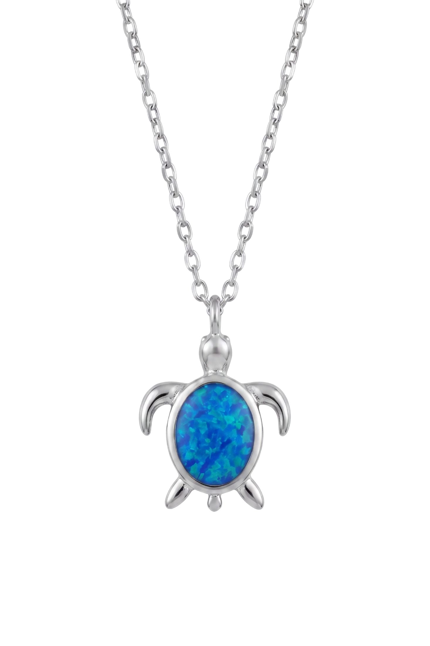 Front view of Sea Turtle Blue Opal Pendant Necklace Silver, showing turtle design, silver finish.