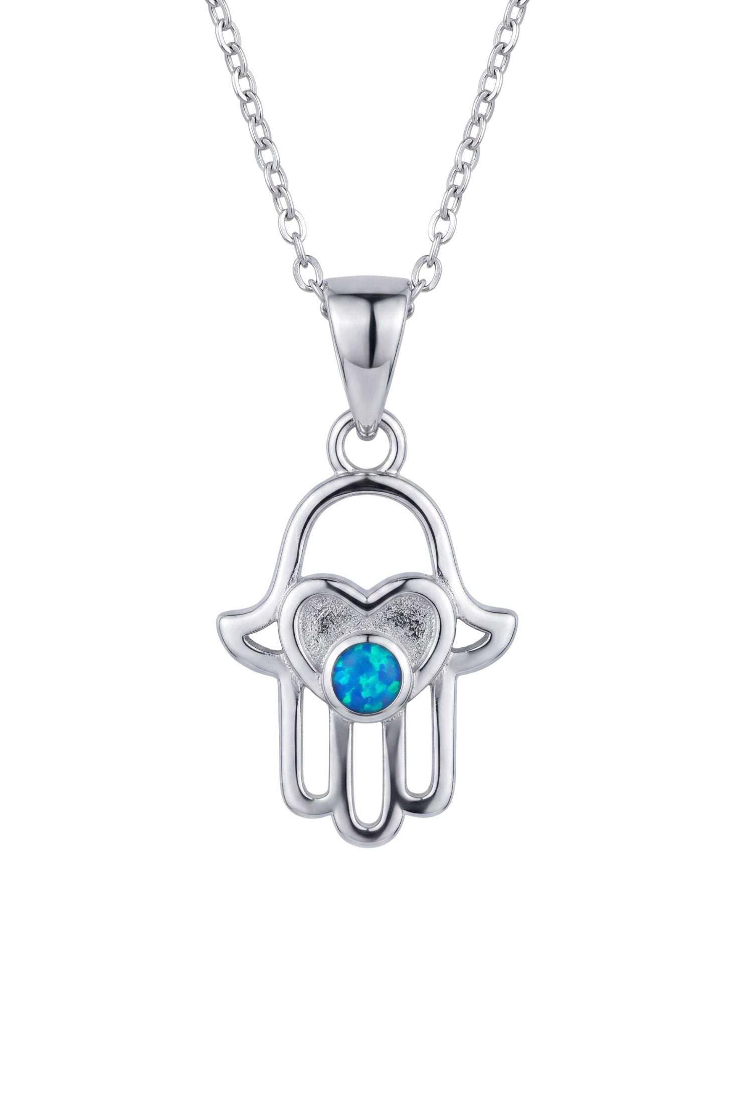 A sterling silver Hamsa hand pendant necklace featuring a vibrant blue opal gemstone in the center, suspended from a delicate silver chain against a plain white background.