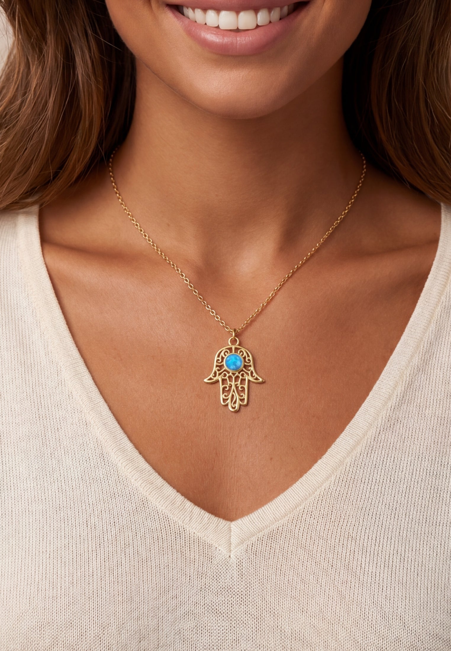 Hamsa Hand Filigree Blue Opal Pendant Necklace Gold