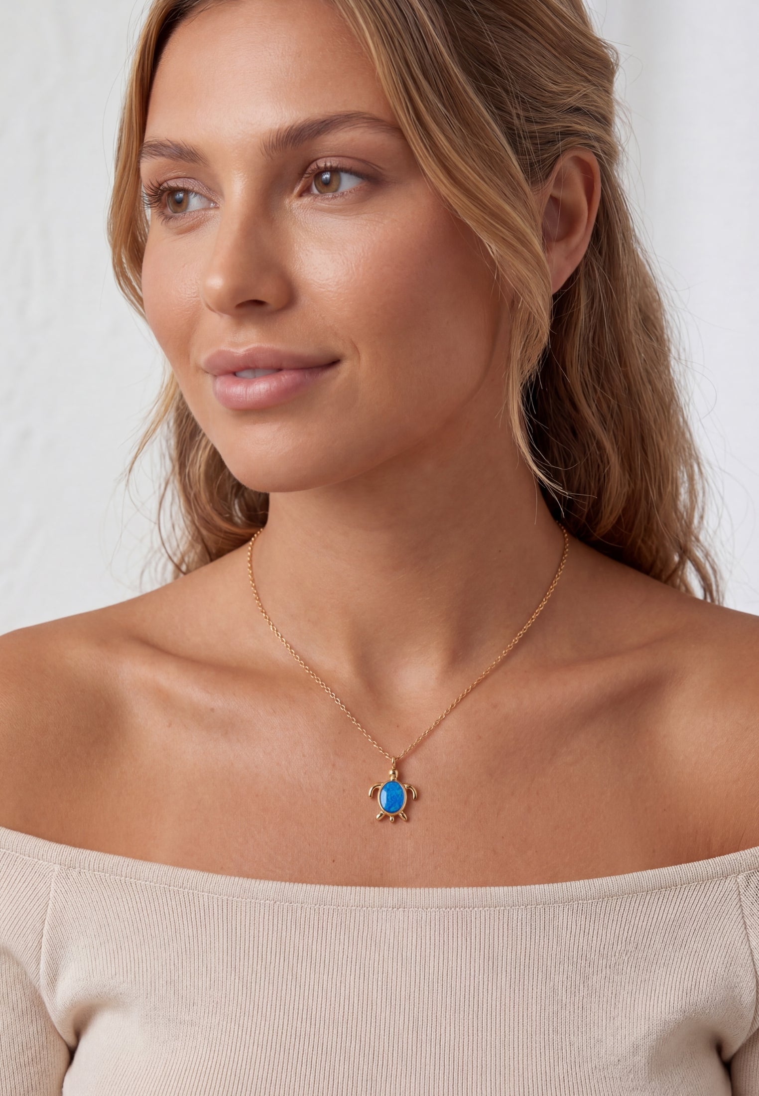 Sea Turtle Blue Opal Pendant Necklace Gold