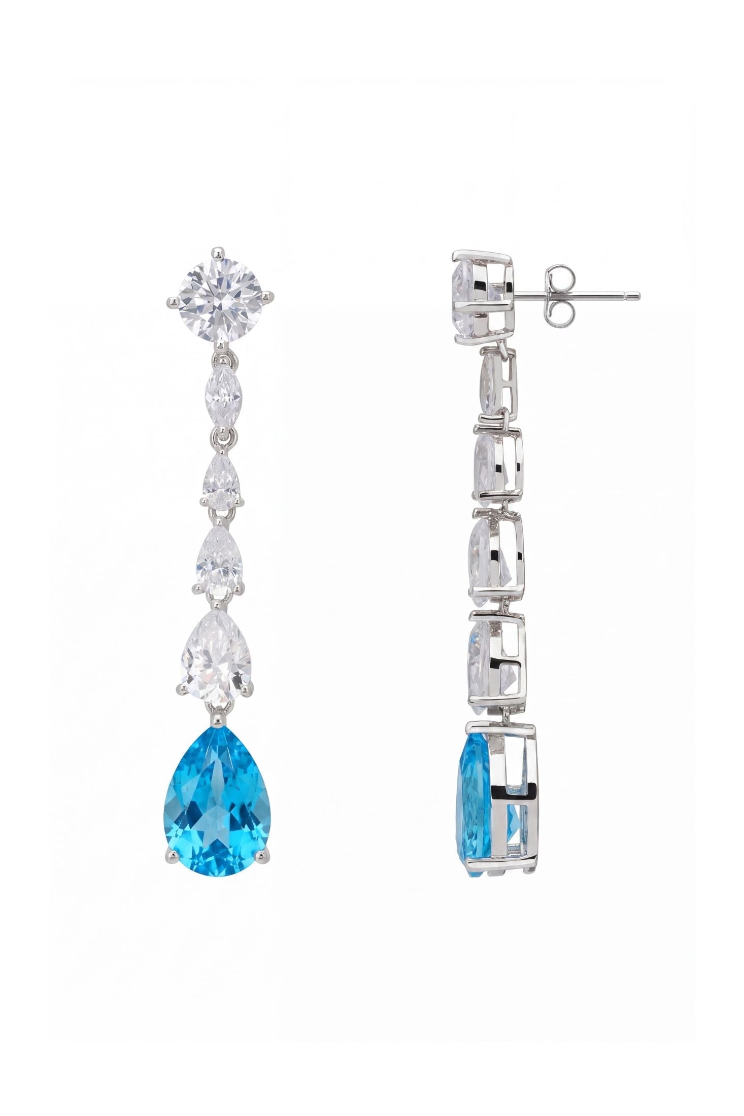 Angled view of Bardot Blue Topaz Drop Earrings Silver, showing blue topaz detailing, silver finish and the jewellery profile.