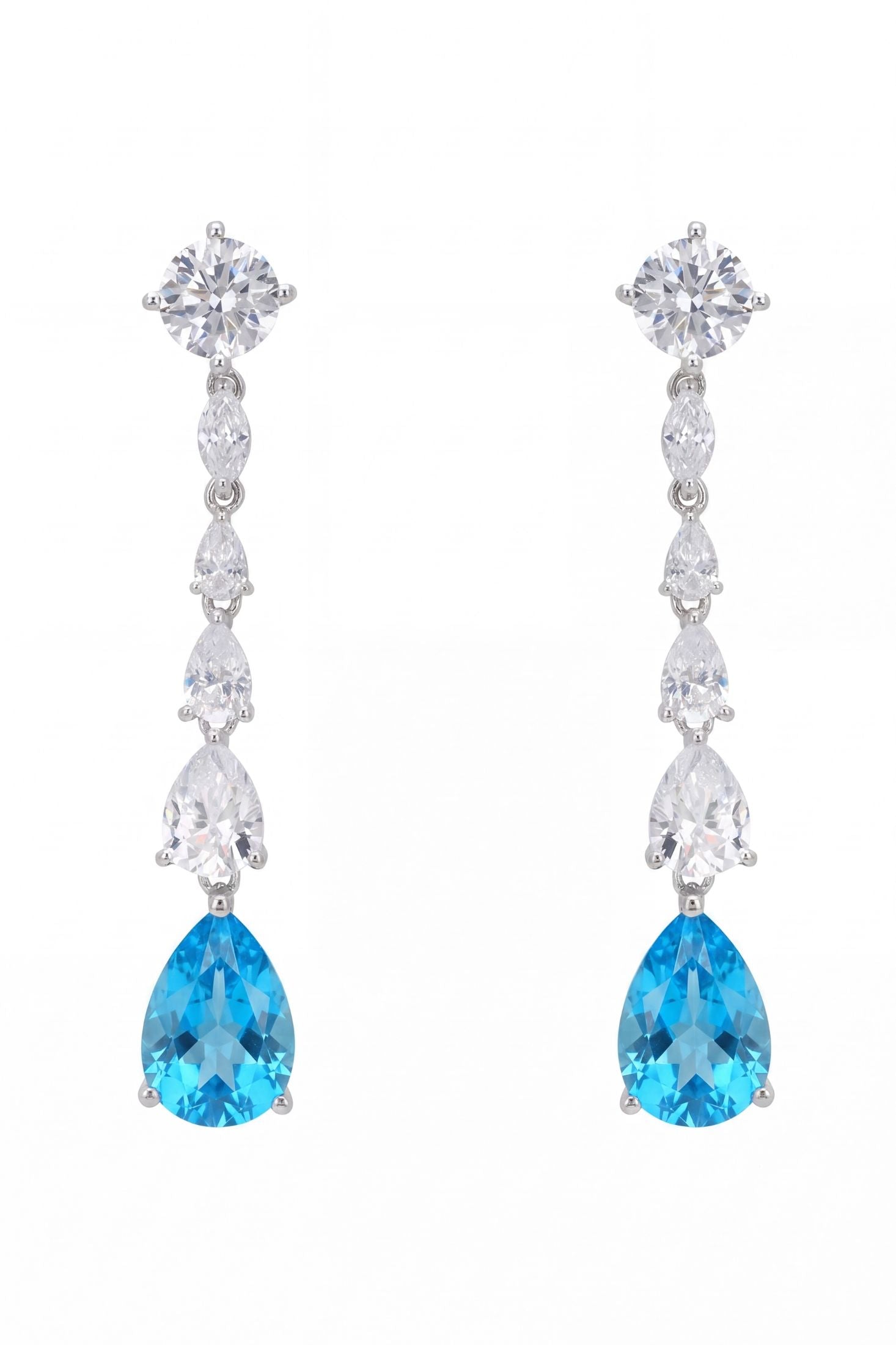 Front view of Bardot Blue Topaz Drop Earrings Silver, showing bee design, blue topaz detailing, silver finish.