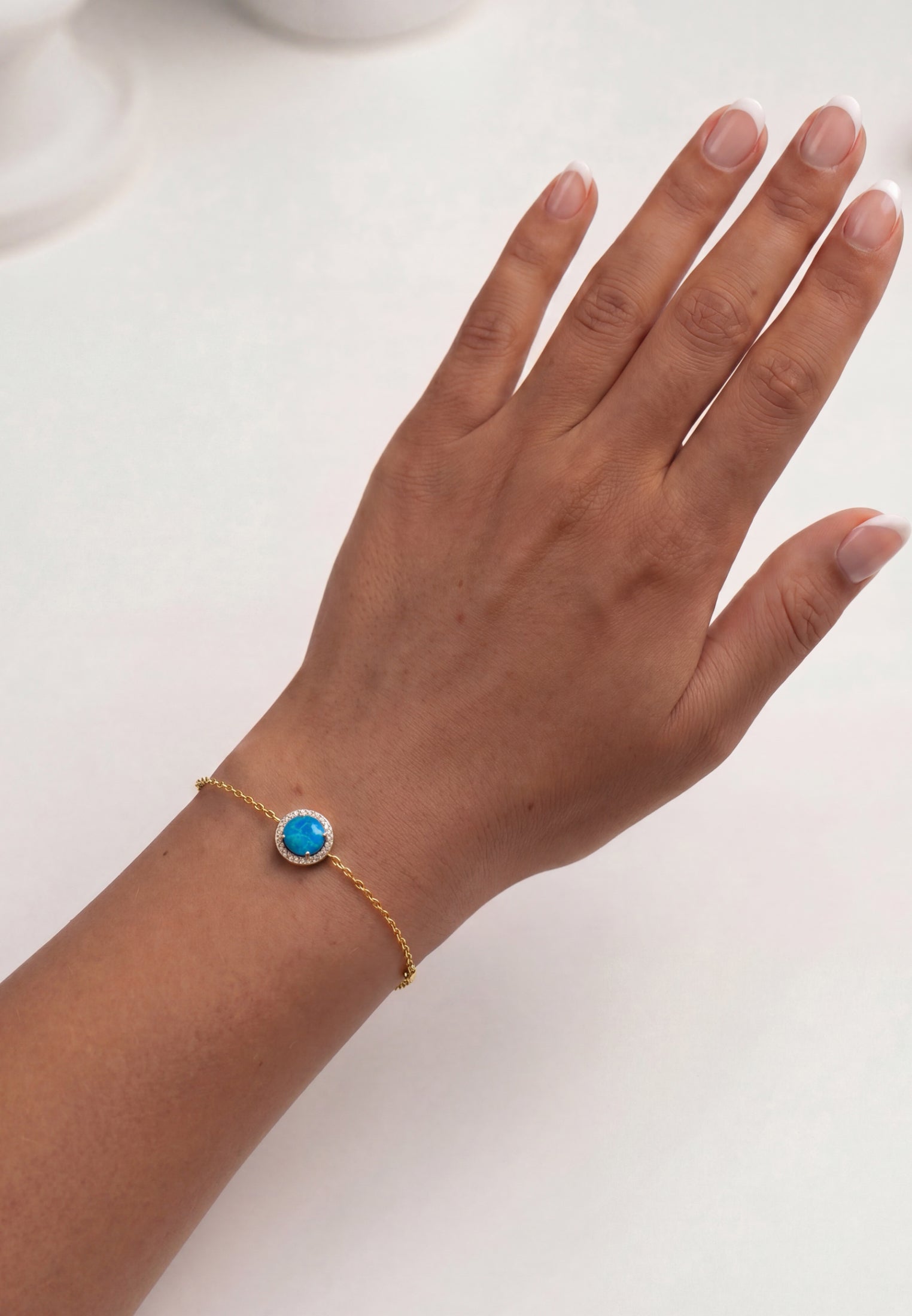 Round Blue Opal Bracelet Gold CZ