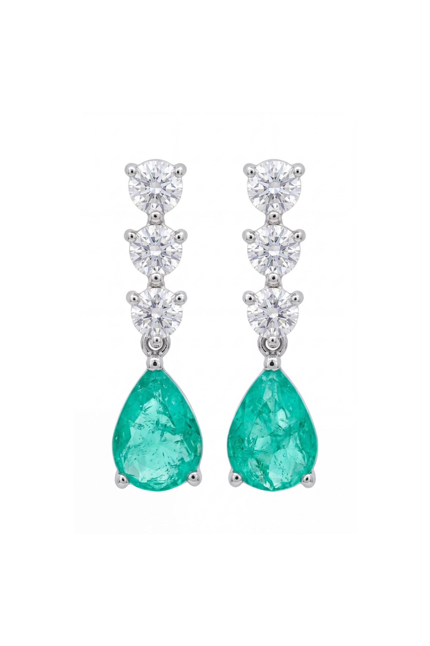 Front view of Delphine Paraiba Tourmaline Triple Drop Earrings Silver, showing cat design, silver finish.