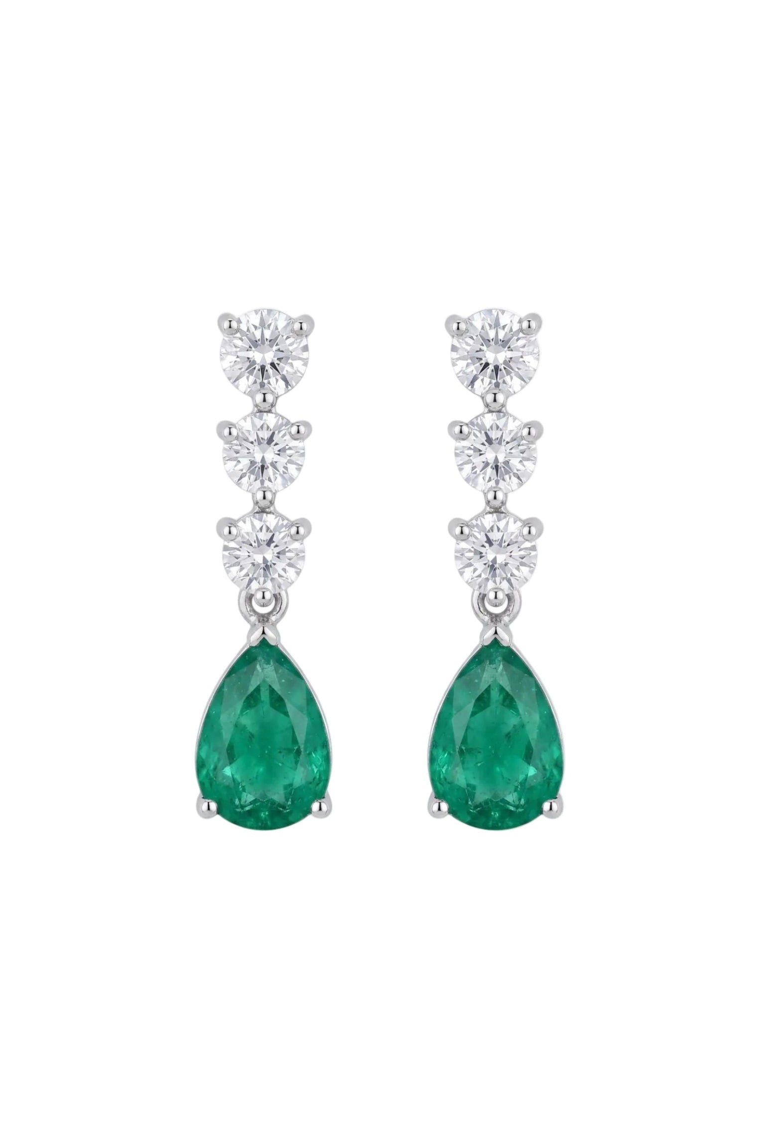 Front view of Delphine Colombian Emerald Triple Drop Earrings Silver, showing bee design, emerald detailing, silver finish.