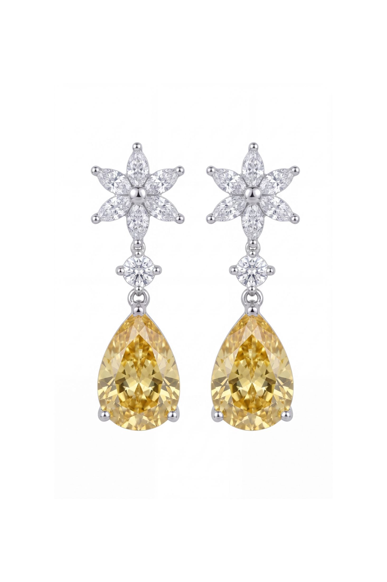 Front view of Sunflower Yellow Topaz Drop Earrings Silver, showing flower design, gold finish.