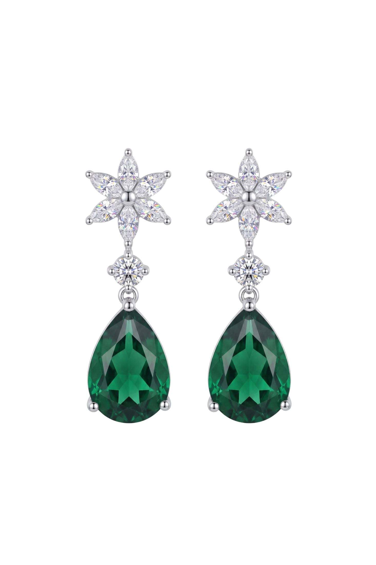 Front view of Sunflower Emerald Drop Earrings Silver, showing bee design, emerald detailing, silver finish.