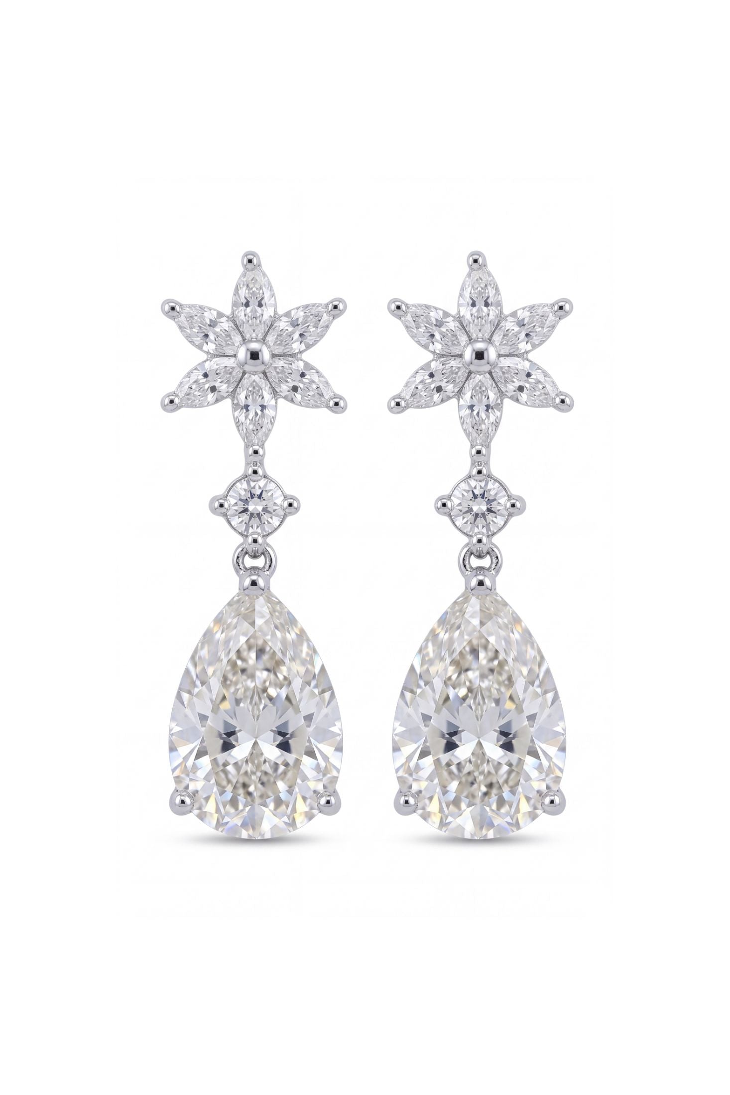 Front view of Sunflower Moissanite Drop Earrings Silver, showing flower design, silver finish.