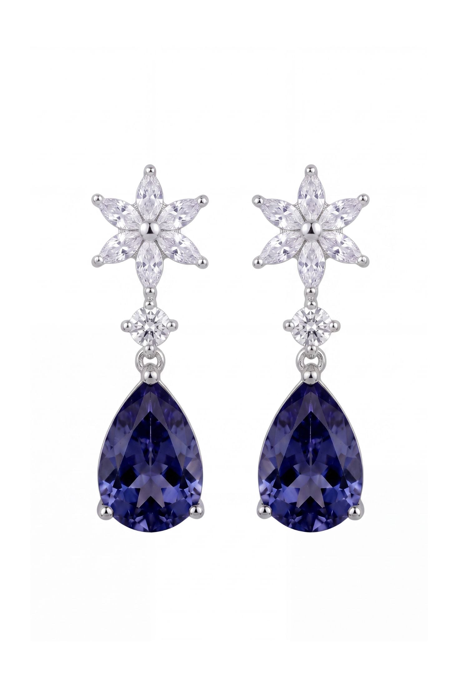 Front view of Sunflower Tanzanite Drop Earrings Silver, showing flower design, tanzanite detailing, silver finish.