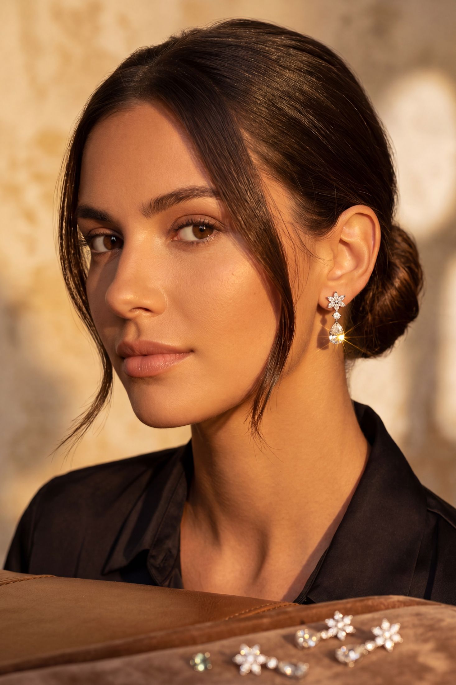 A woman with dark hair in a low bun wears a dangling silver-toned earring with clear stones. She is wearing a black top against a warm beige background, with a brown tray in the foreground holding matching flower-shaped jewelry pieces.