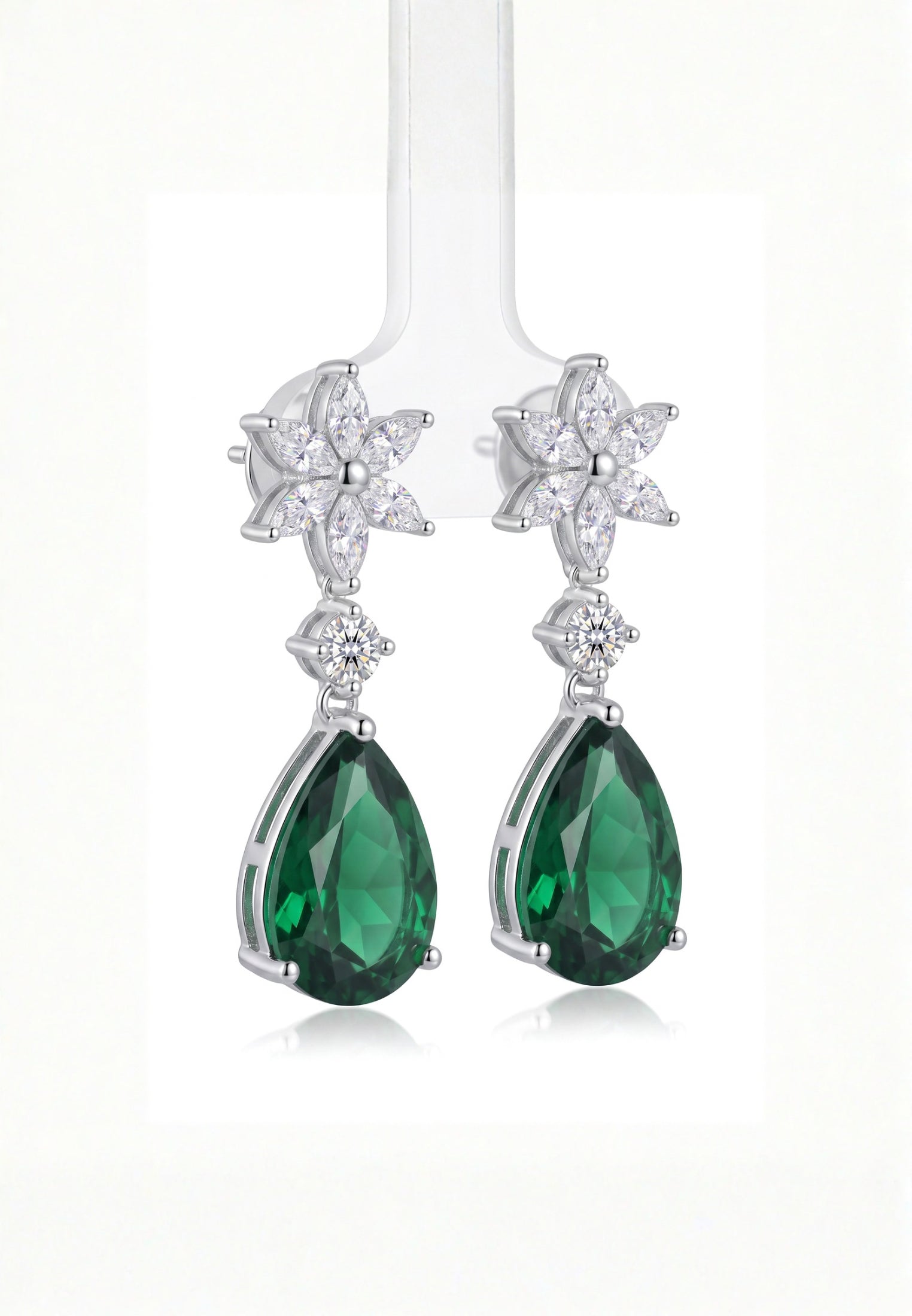 Sunflower Emerald Drop Earrings Silver