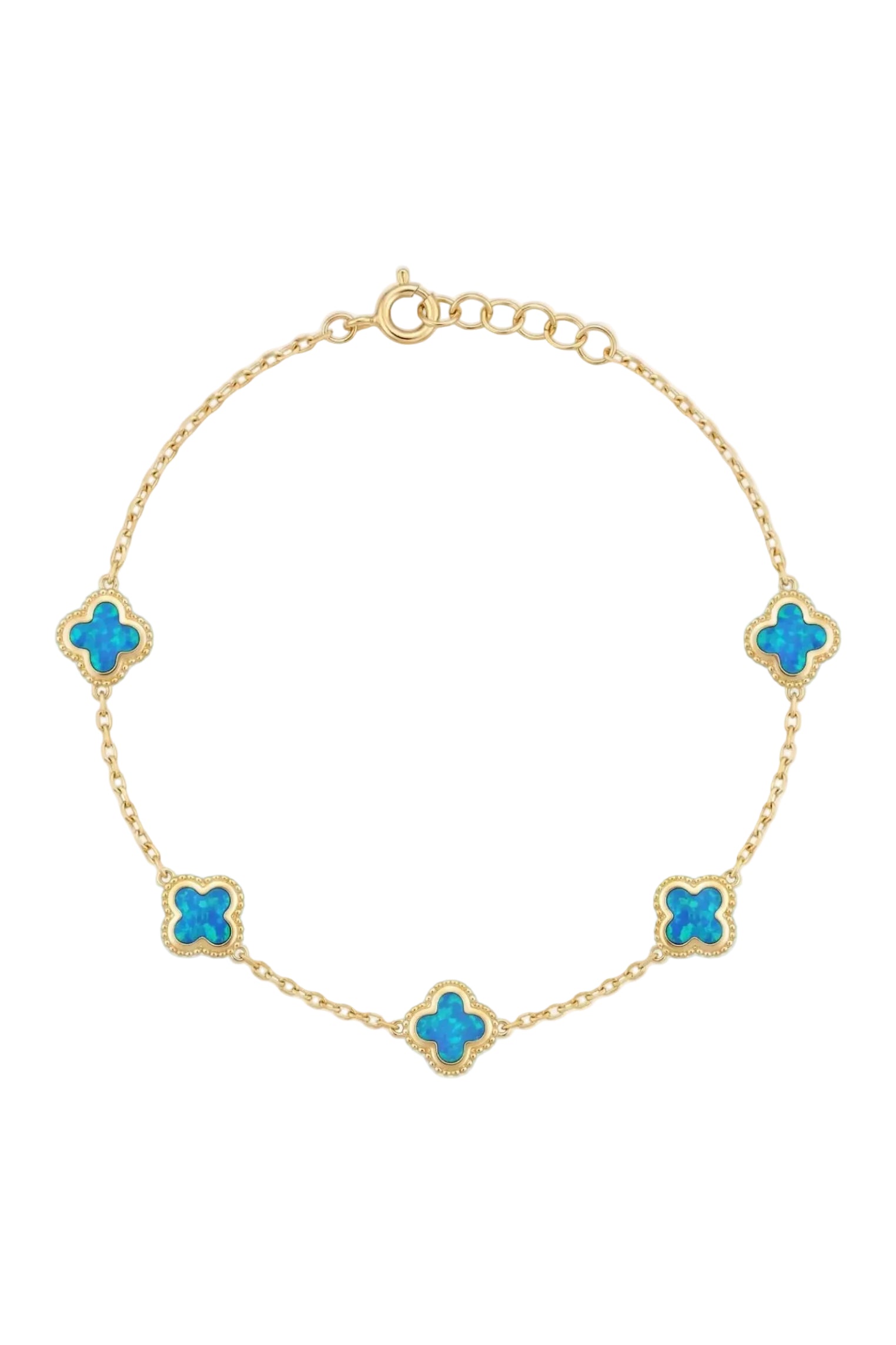 Front view of Clover Flowers Bracelet Blue Opal Gold, showing bee design, gold finish.