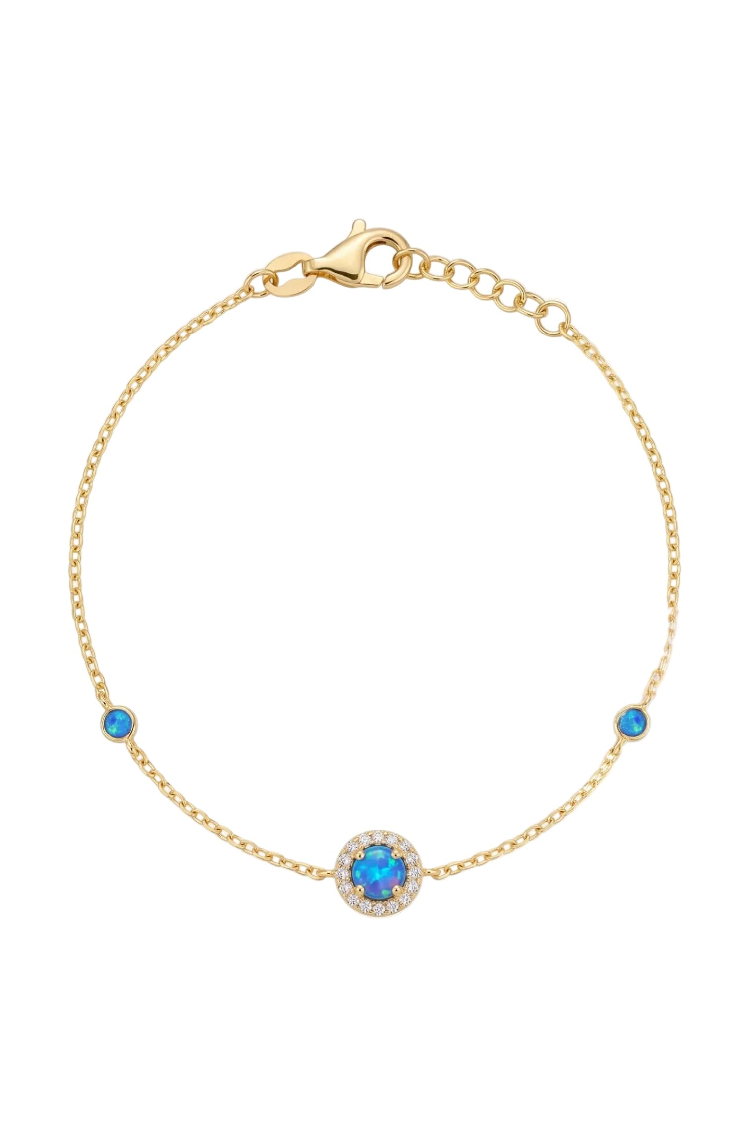 Front view of Round Blue Opal Bracelet Gold CZ, showing cat design, cubic zirconia and zirconia detailing, gold finish.