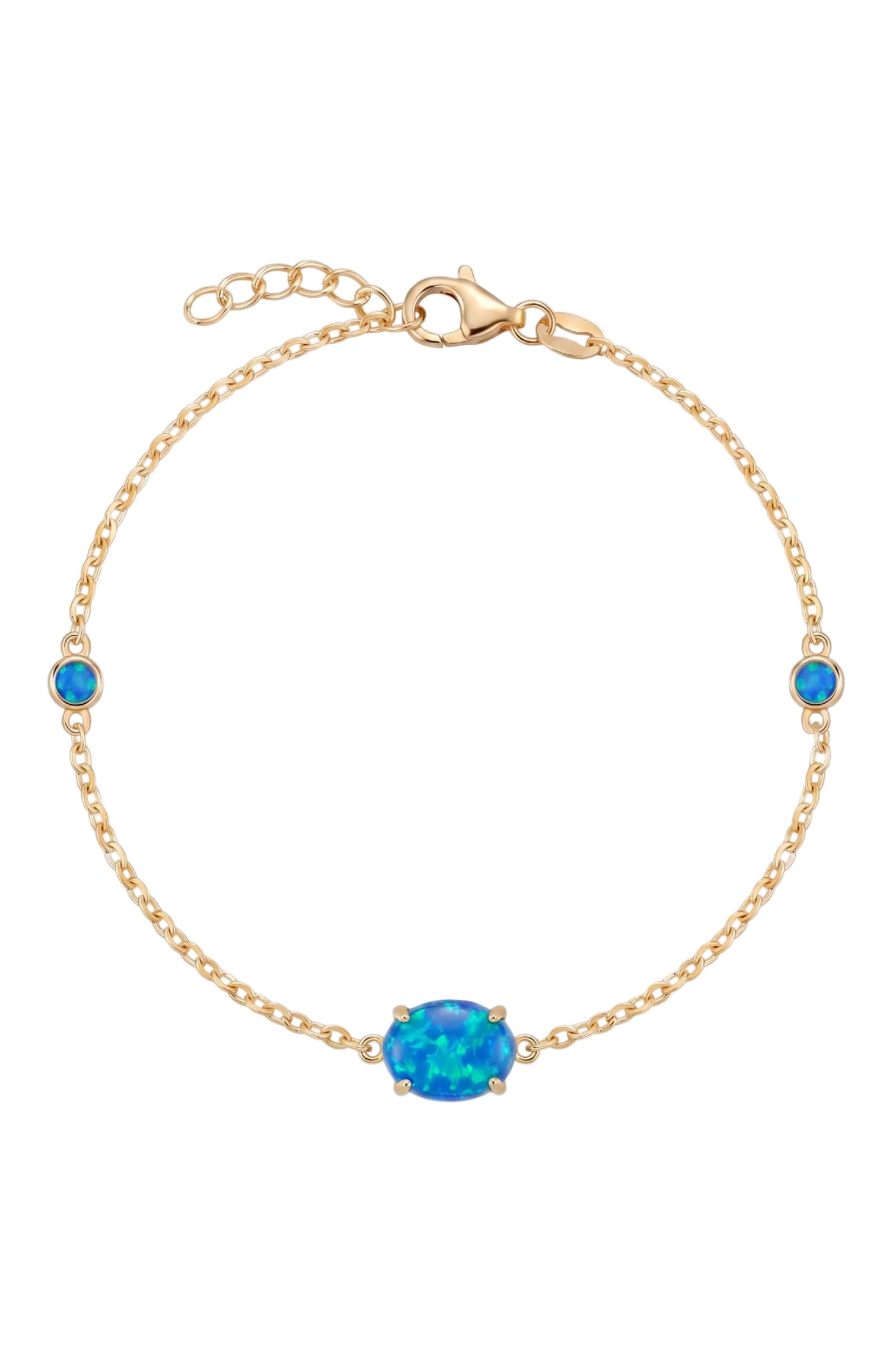 Front view of Oval Blue Opal Bracelet Gold, showing cat design, gold finish.