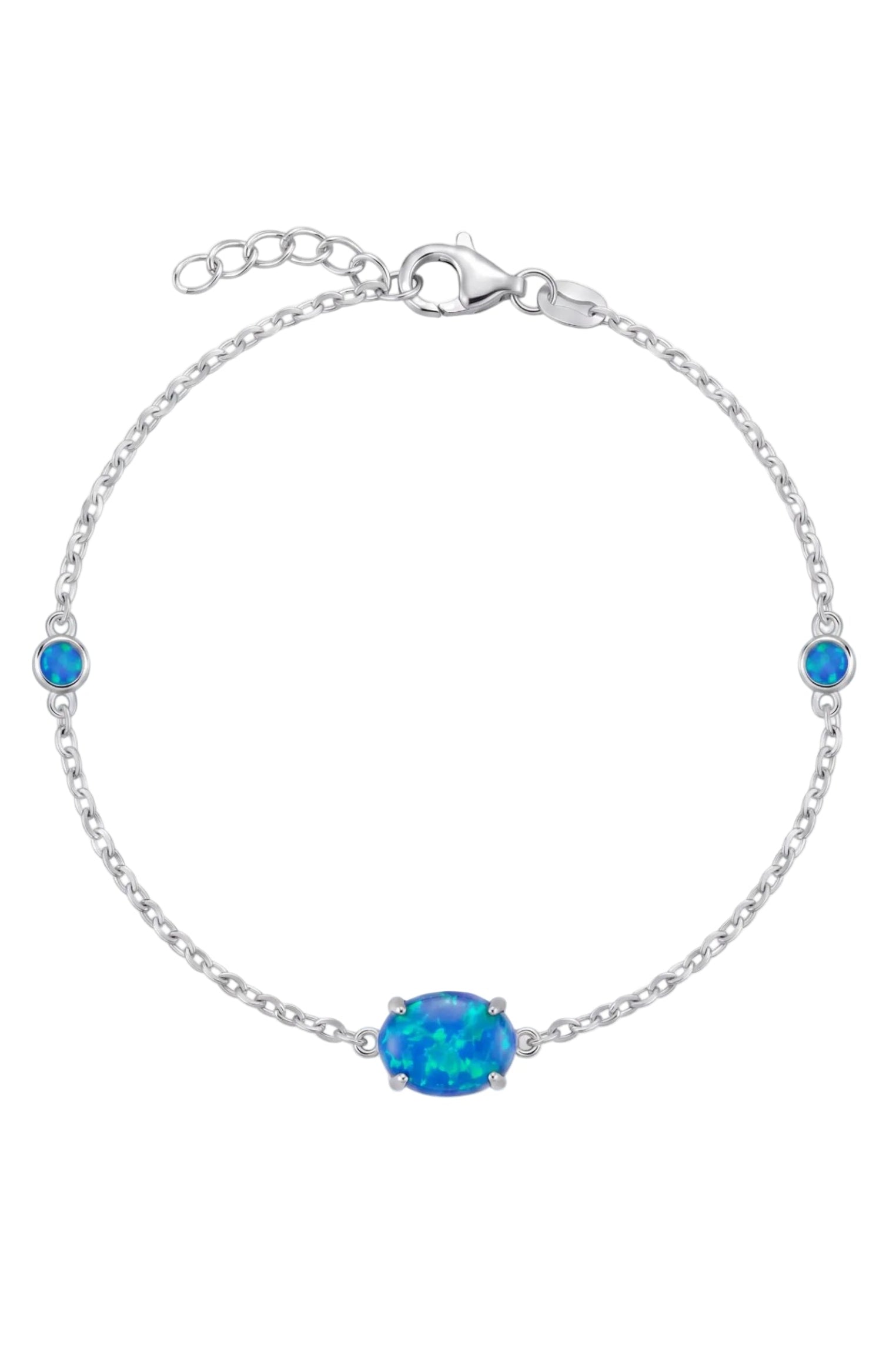 Front view of Oval Blue Opal Bracelet Silver, showing cat design, silver finish.