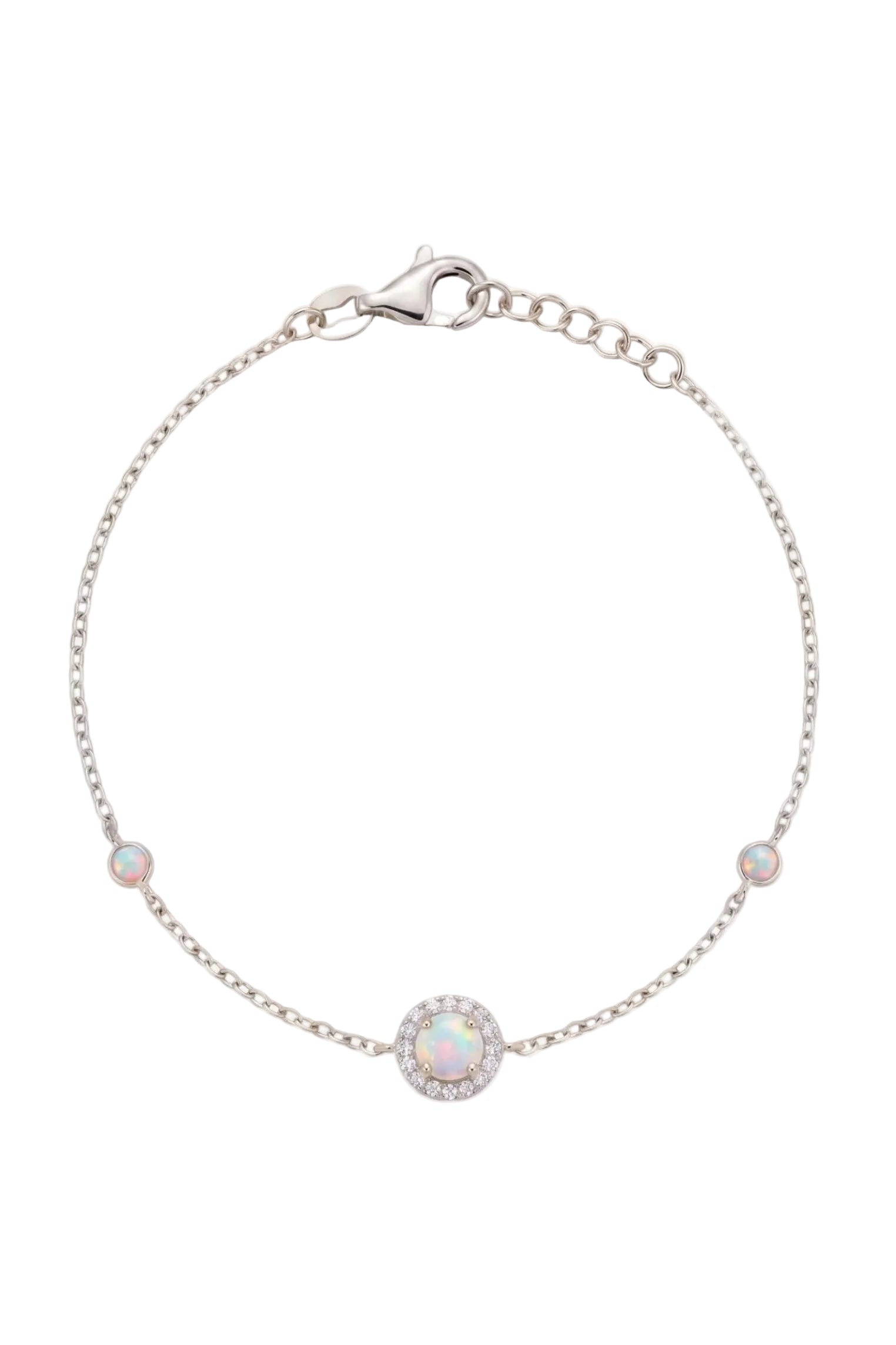 Front view of Round White Opal Bracelet Silver CZ, showing bee design, cubic zirconia and zirconia detailing, silver finish.