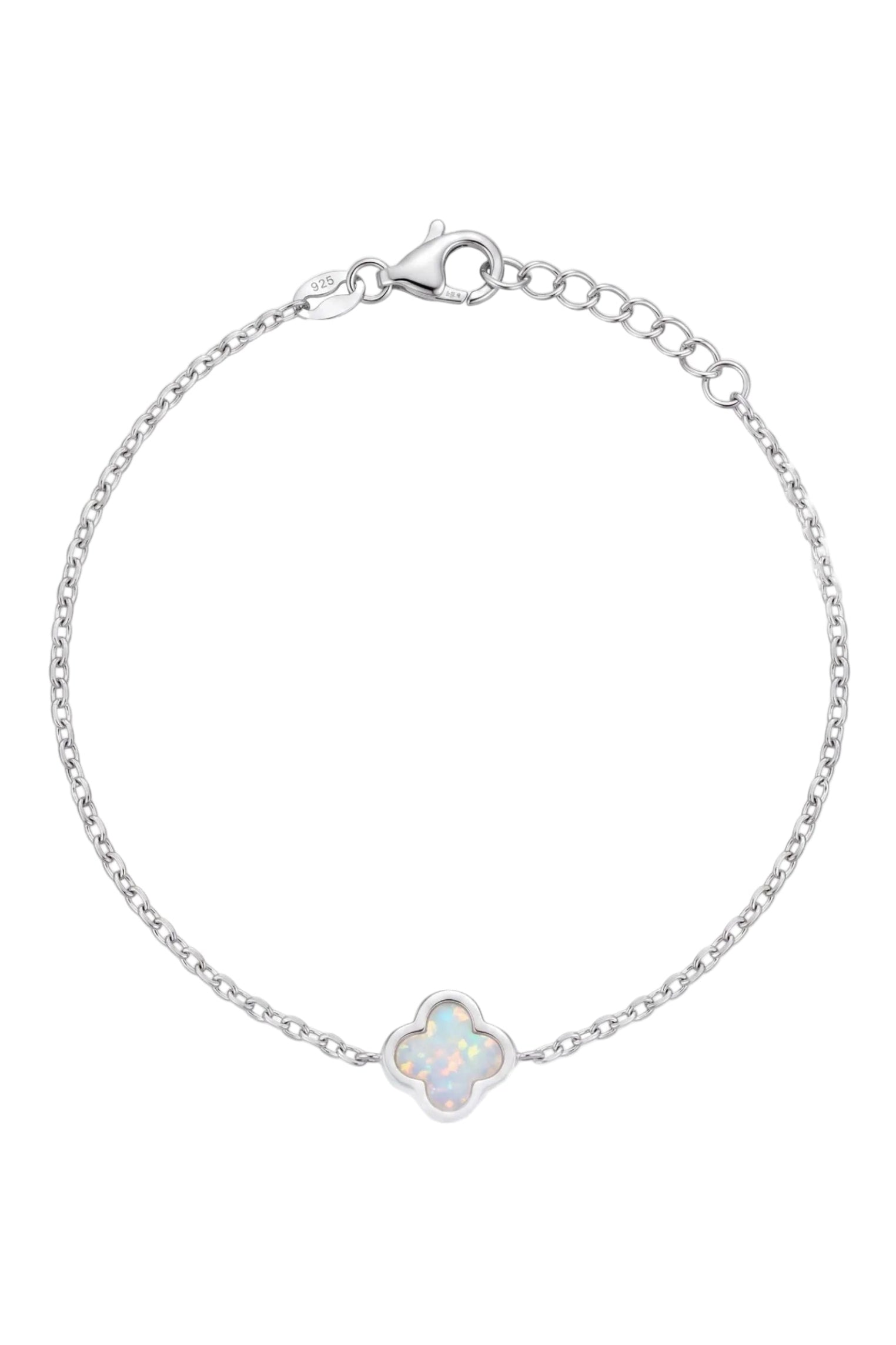 Front view of Flower Clover White Opal Bracelet Silver, showing flower design, silver finish.