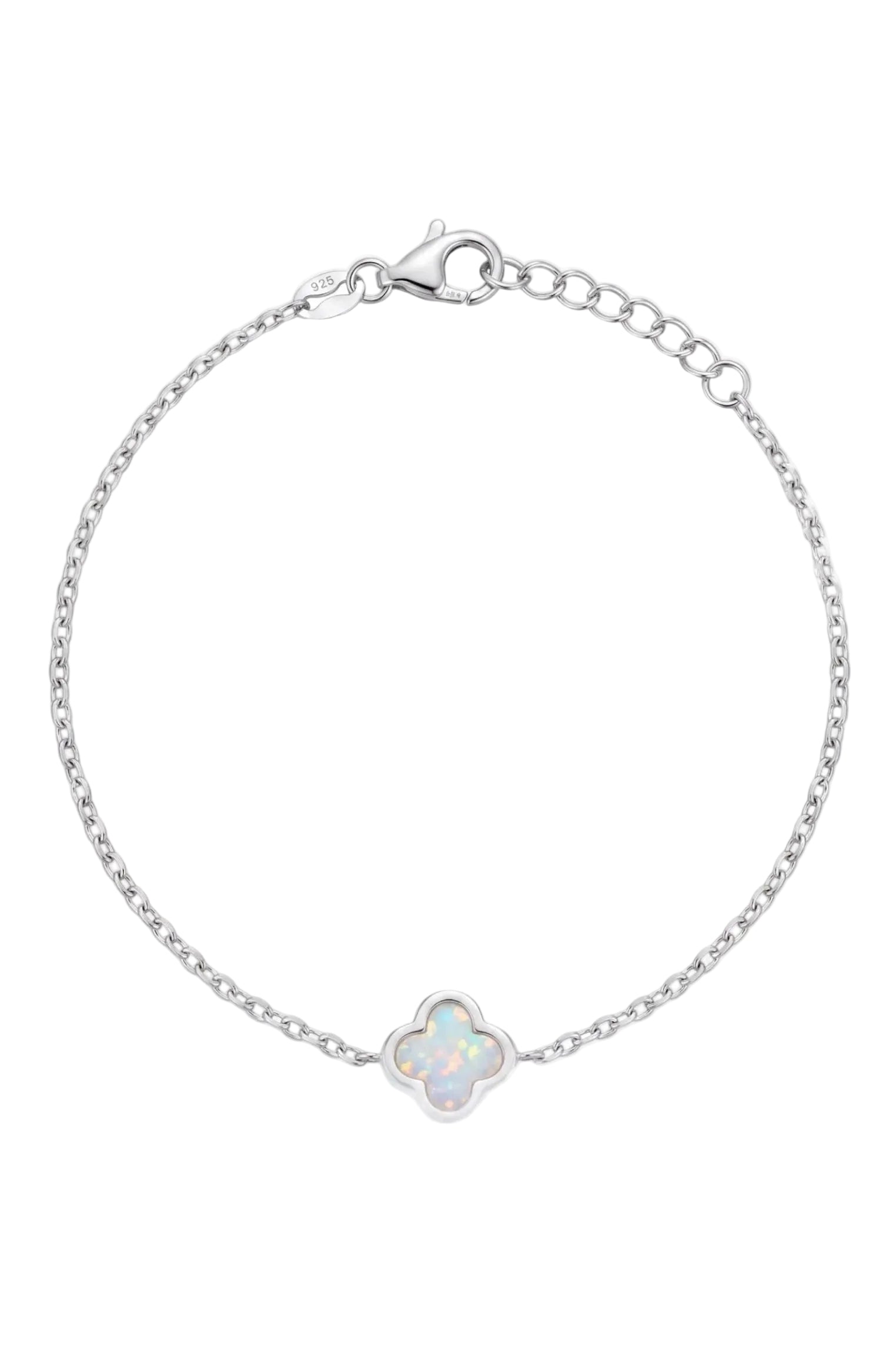 Front view of Flower Clover White Opal Bracelet Silver, showing flower design, silver finish.