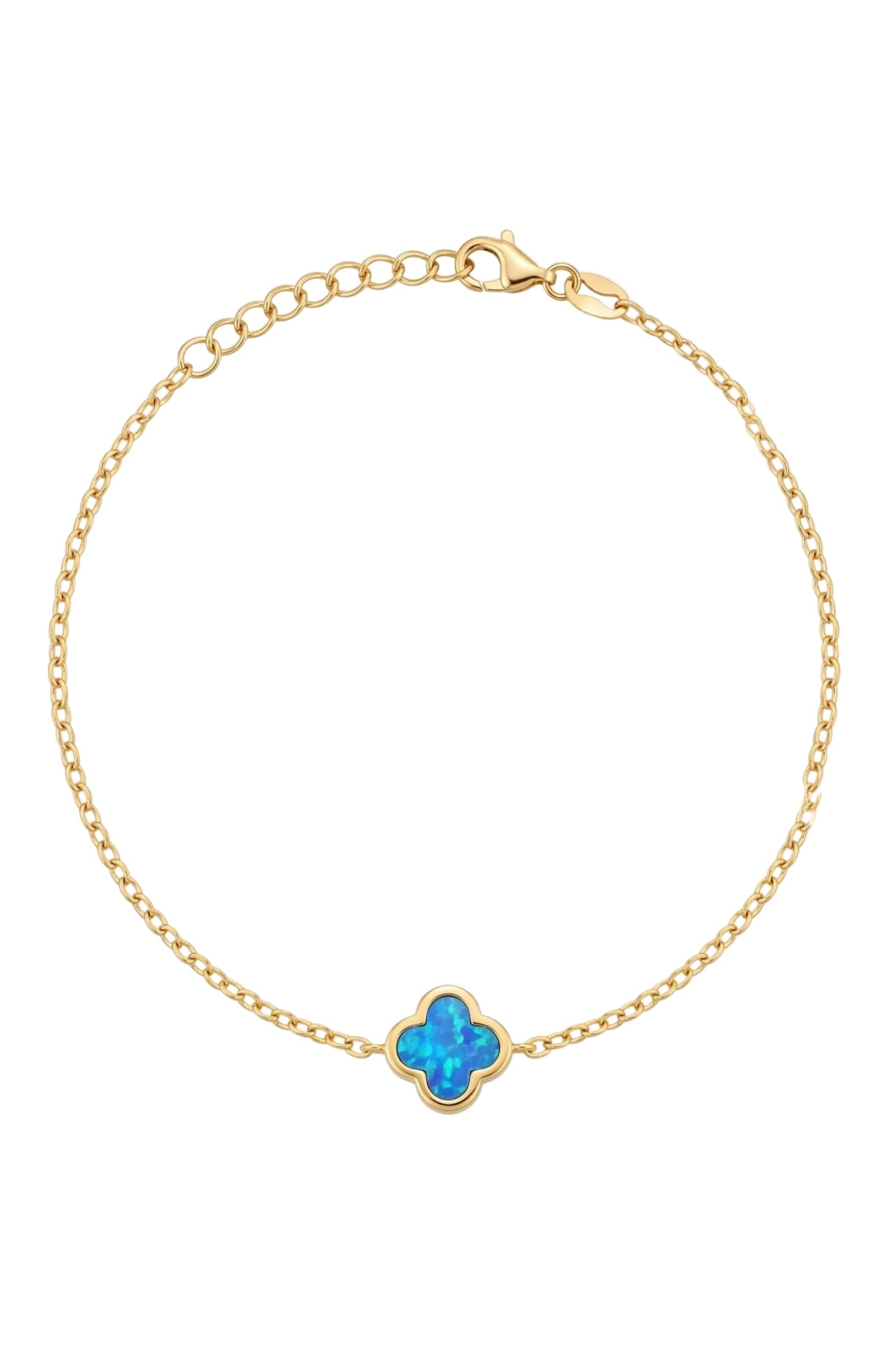 Front view of Flower Clover Blue Opal Bracelet Gold, showing bee design, gold finish.