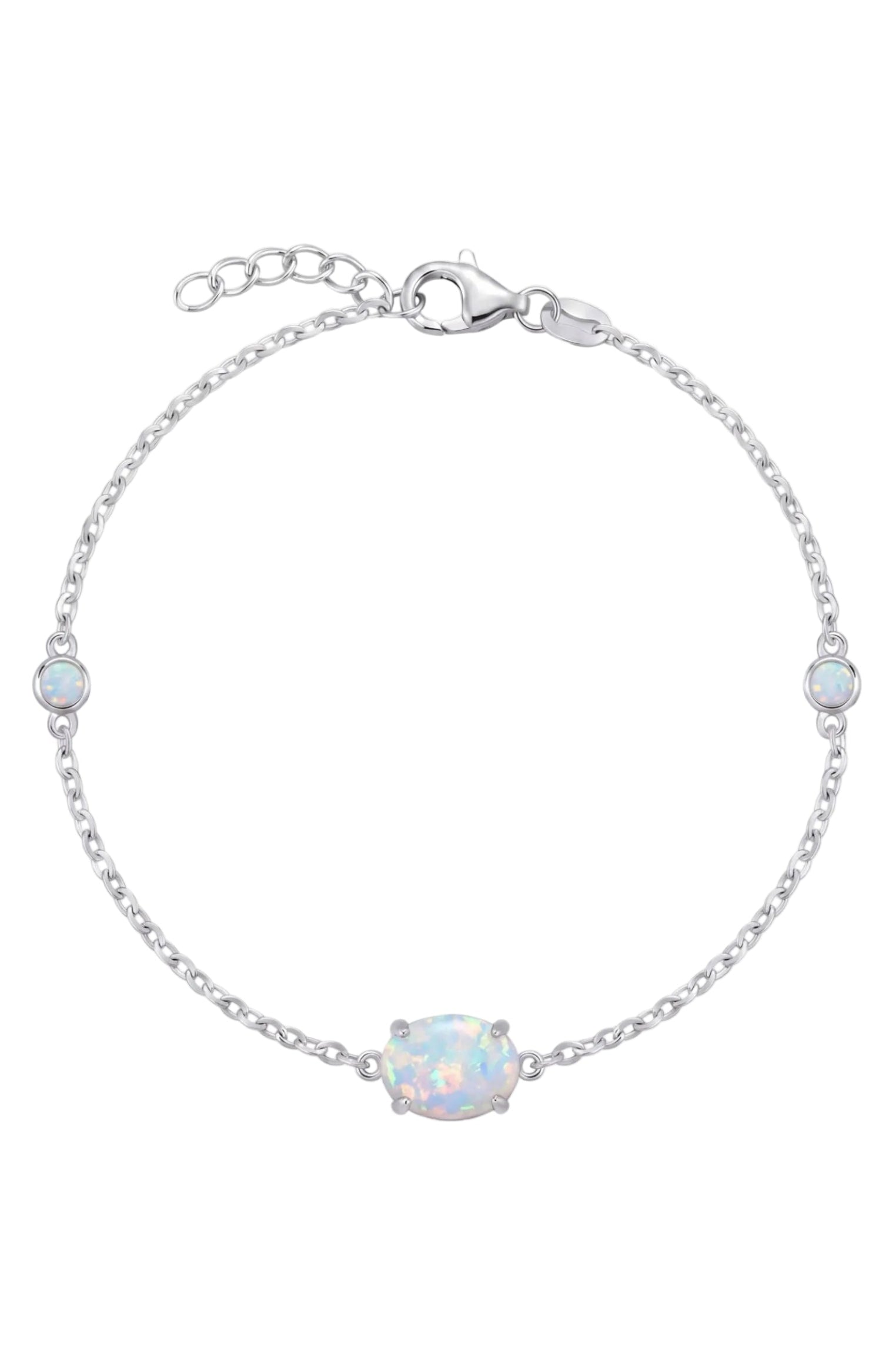 A delicate silver chain bracelet featuring a central marquise-cut iridescent opal stone and three smaller round opal stones spaced along the chain, set against a plain white background.