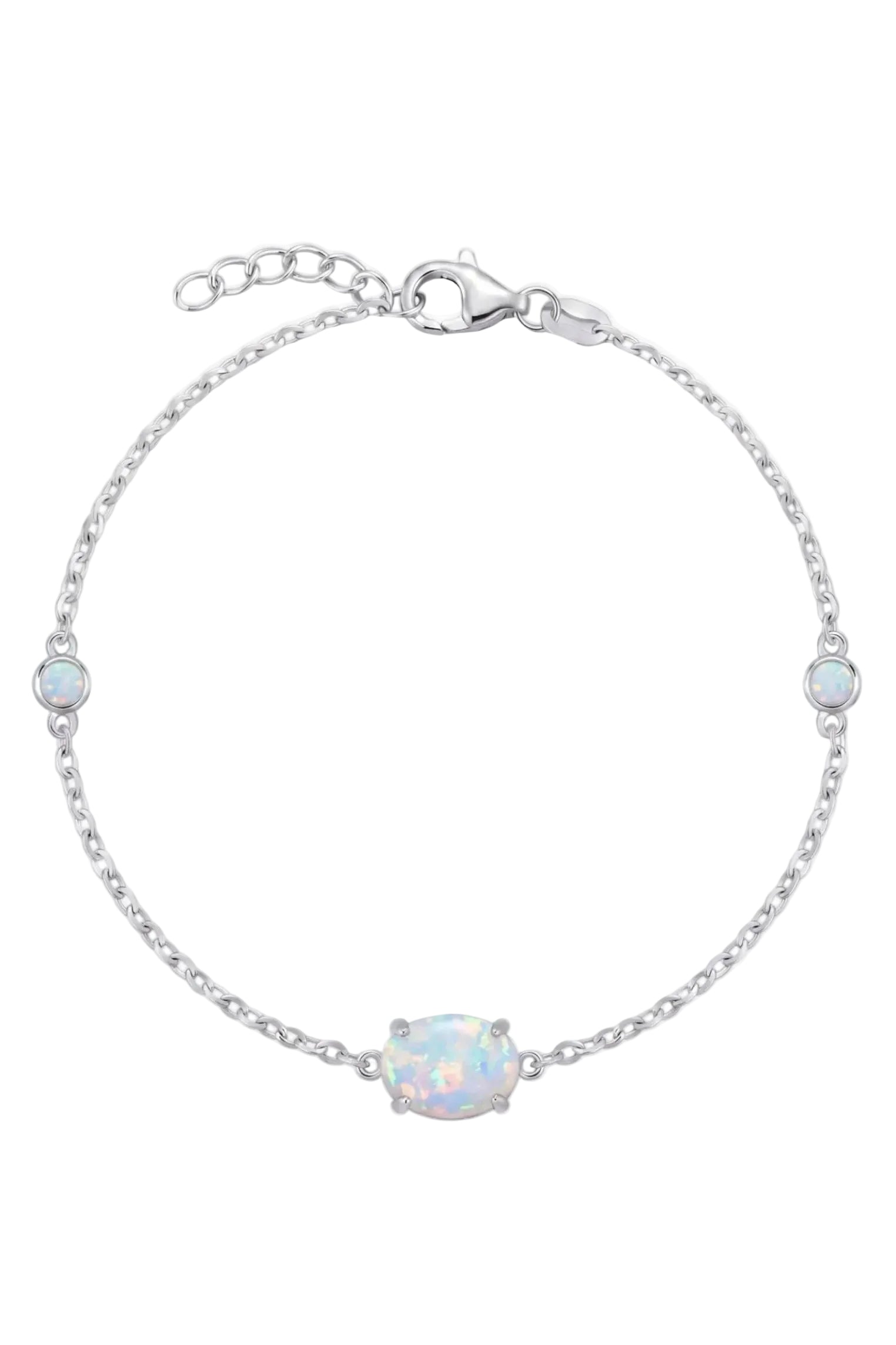 A delicate silver chain bracelet featuring a central marquise-cut iridescent opal stone and three smaller round opal stones spaced along the chain, set against a plain white background.