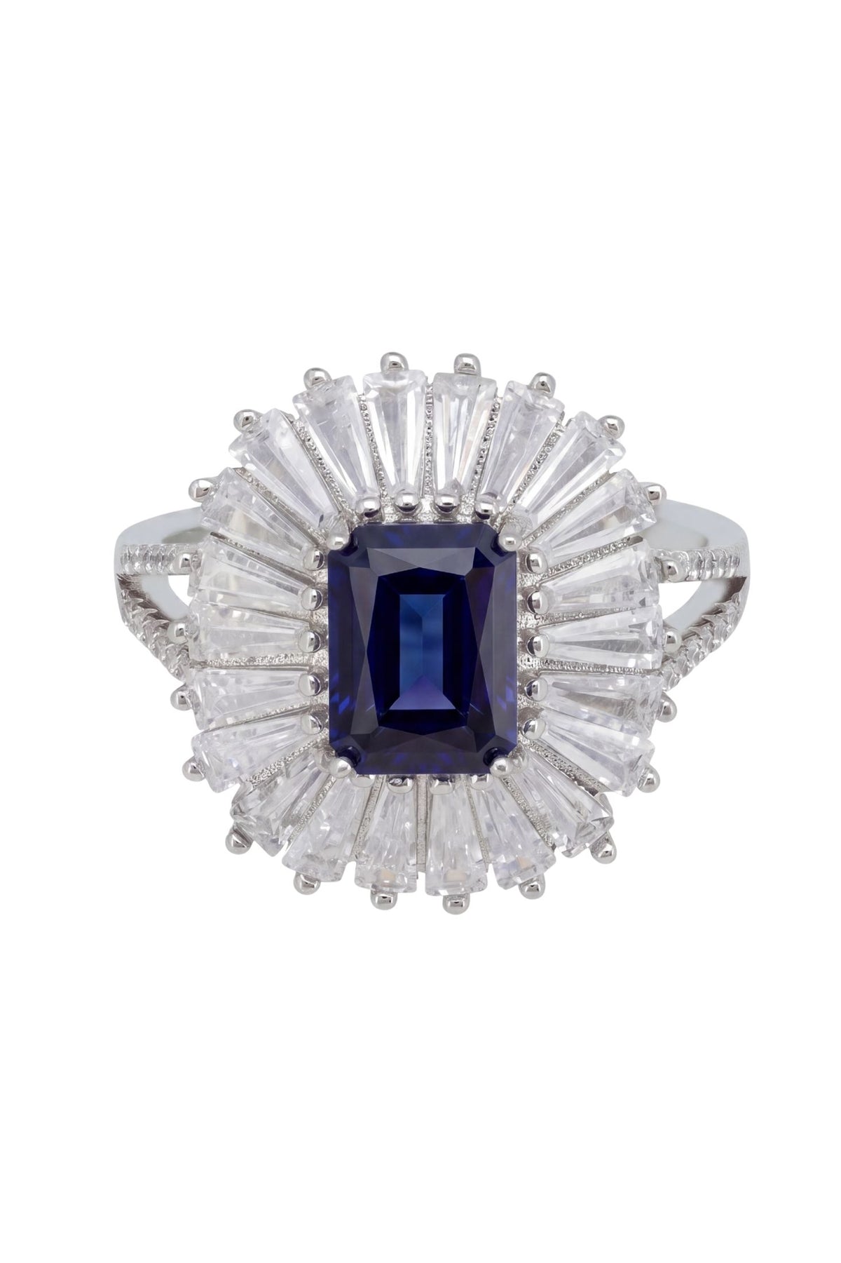 Angled view of Countess Cocktail Ring Sapphire Silver, showing sapphire detailing, silver finish and the jewellery profile.