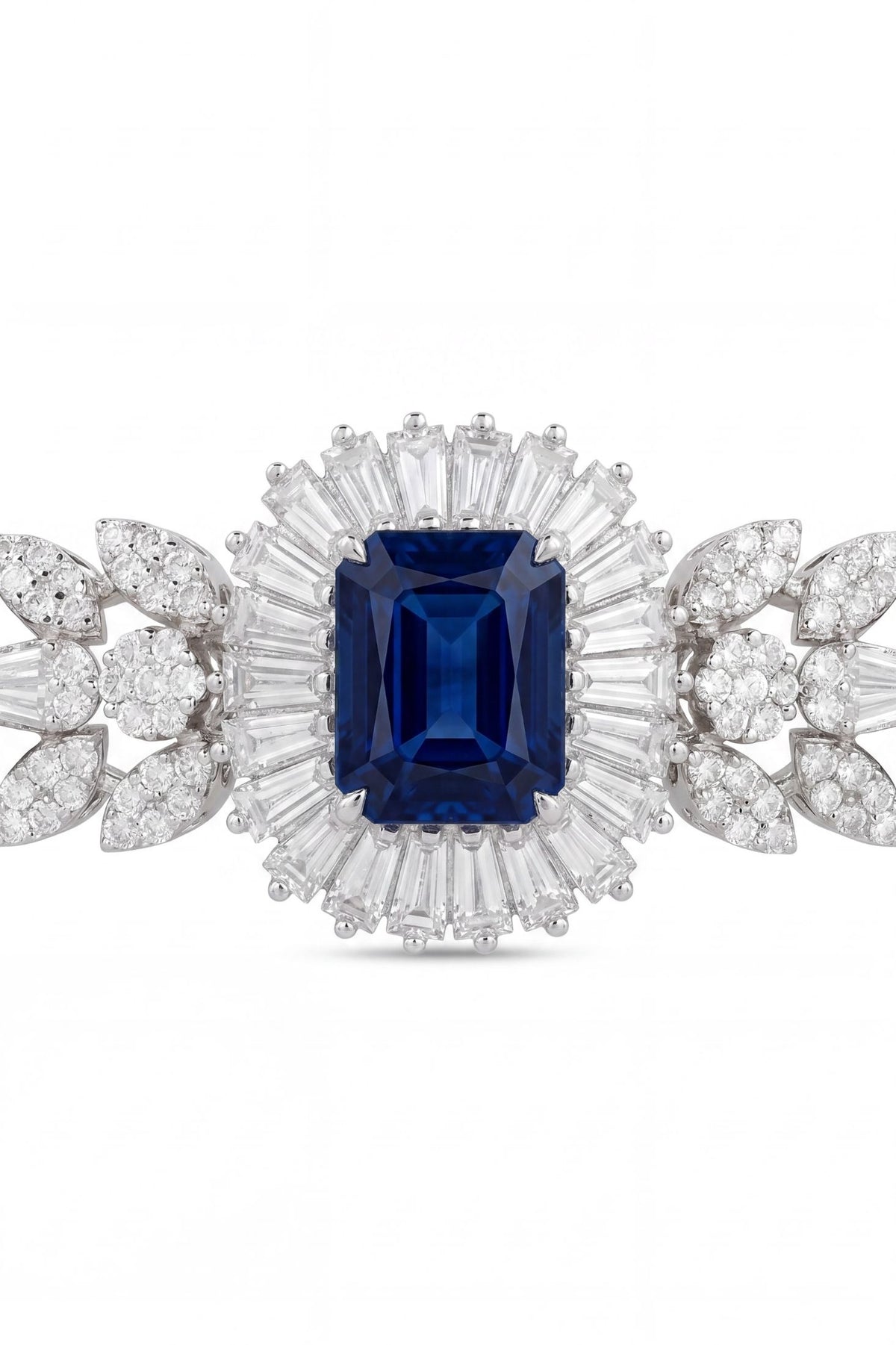 Angled view of Countess Gemstone Bracelet Sapphire Silver, showing sapphire detailing, silver finish and the jewellery profile.
