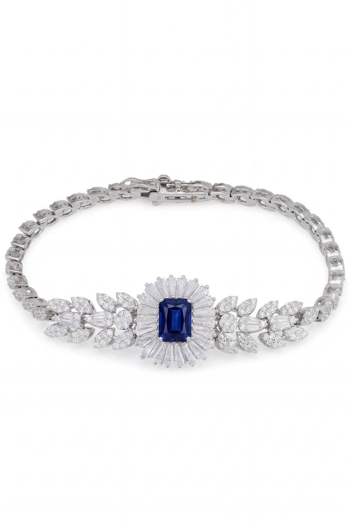 Front view of Countess Gemstone Bracelet Sapphire Silver, showing bee design, sapphire detailing, silver finish.