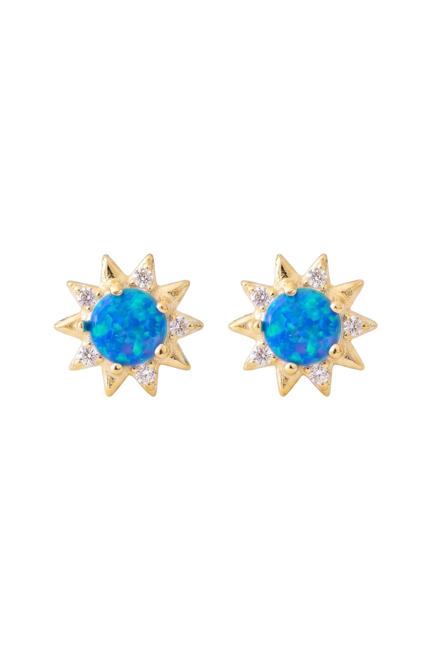 Front view of Sunflower Blue Opal Stud Earrings Gold, showing flower design, cubic zirconia and zirconia detailing, gold finish.
