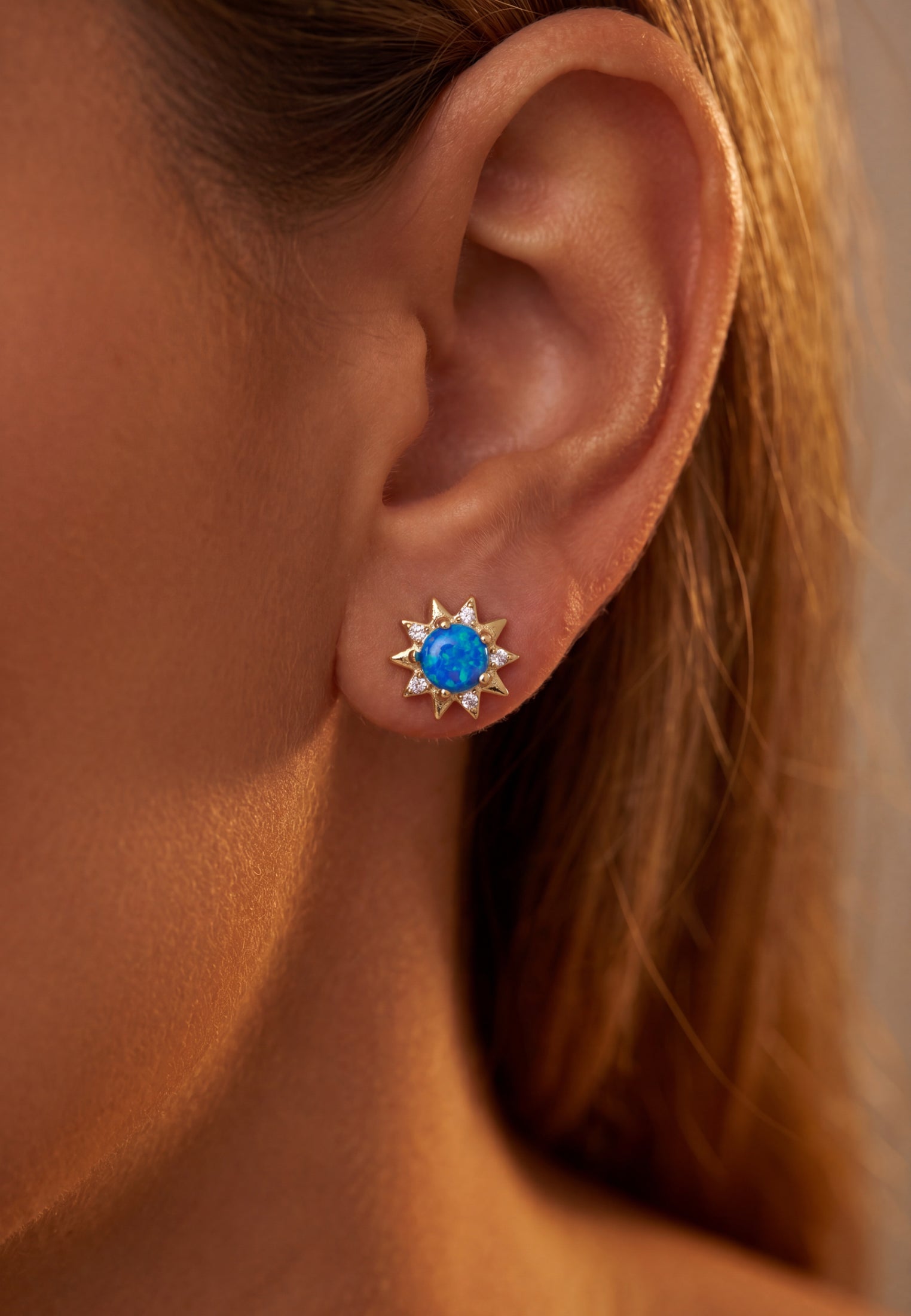 Sunflower Blue Opal Stud Earrings Gold