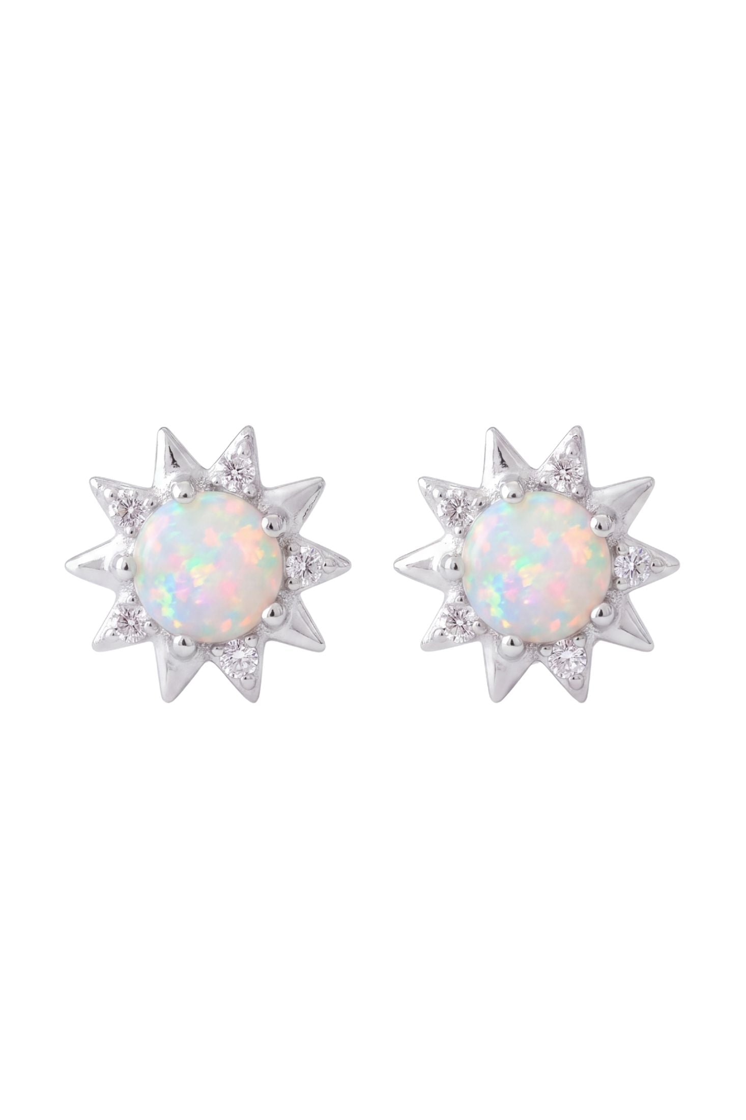 Front view of Sunflower White Opal Stud Earrings Silver, showing flower design, cubic zirconia and zirconia detailing, silver finish.
