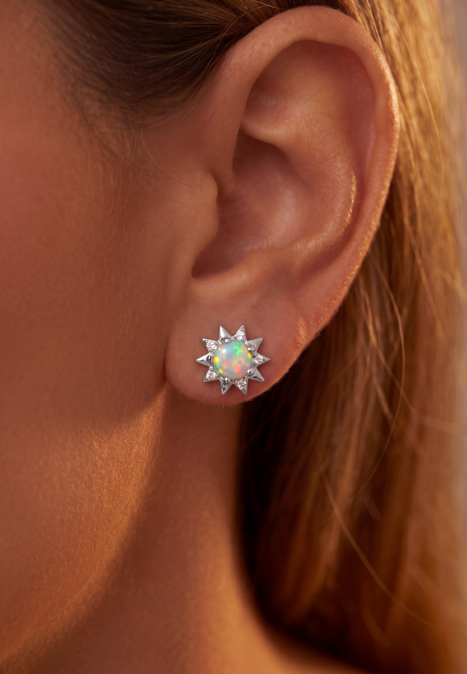 Sunflower White Opal Stud Earrings Silver