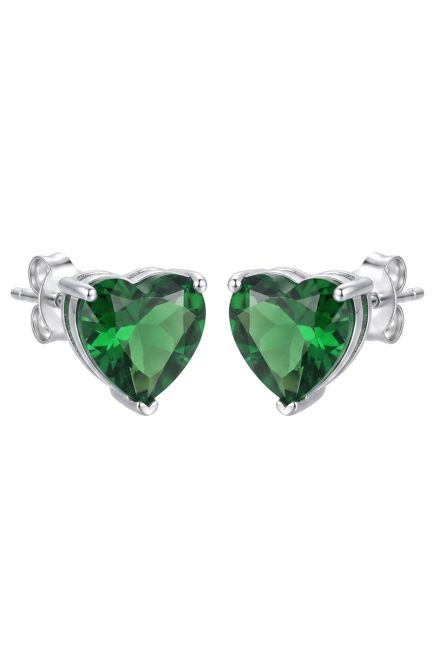Angled view of Amore Heart Emerald Stud Earrings Silver, showing heart design, emerald detailing, silver finish and the jewellery profile.