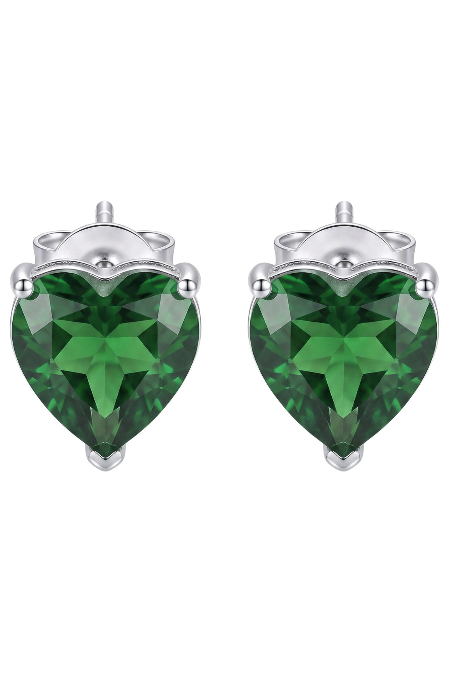 Front view of Amore Heart Emerald Stud Earrings Silver, showing heart design, emerald detailing, silver finish.