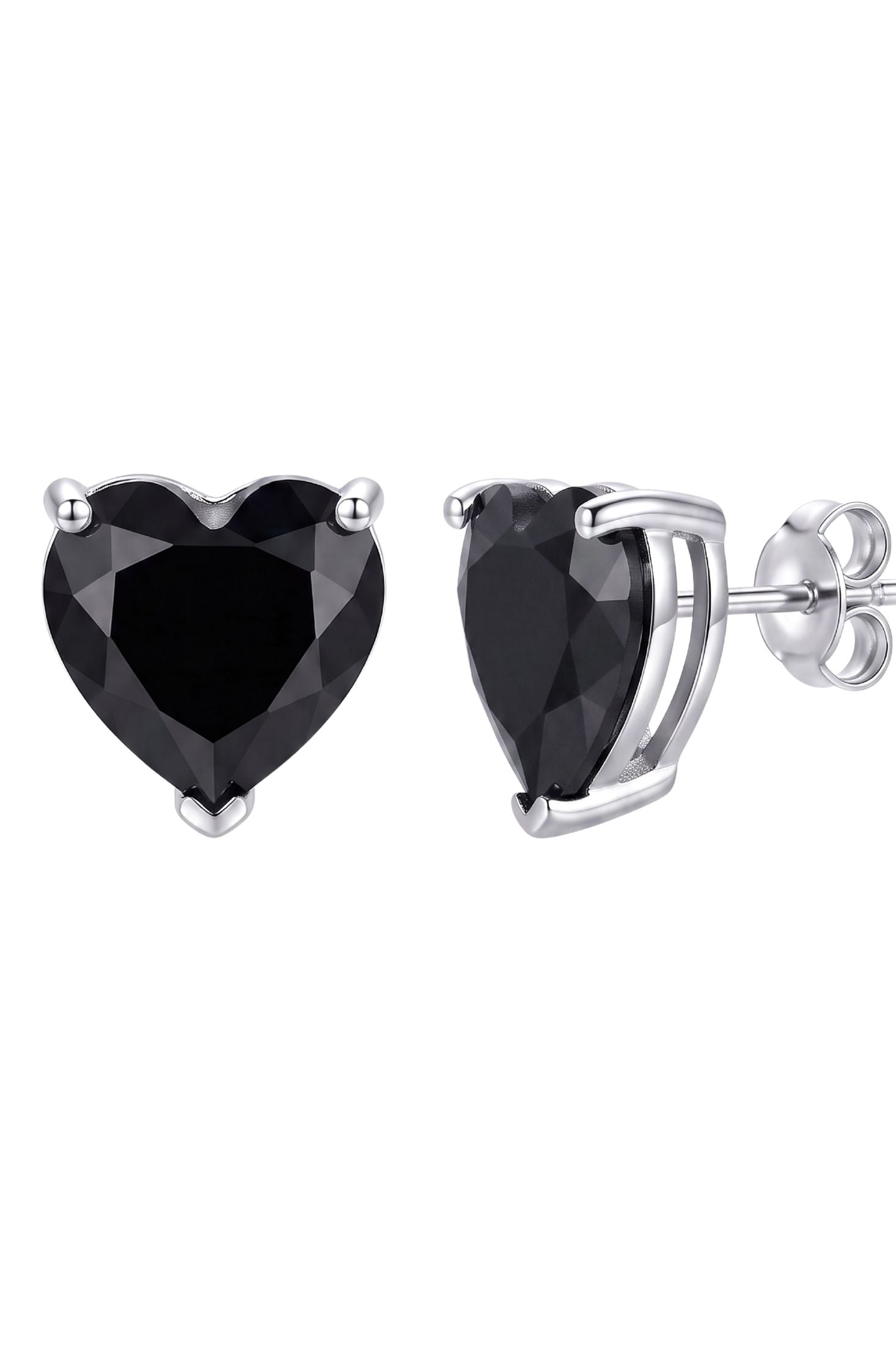 Angled view of Amore Heart Black Spinel Stud Earrings Silver, showing heart design, silver finish and the jewellery profile.