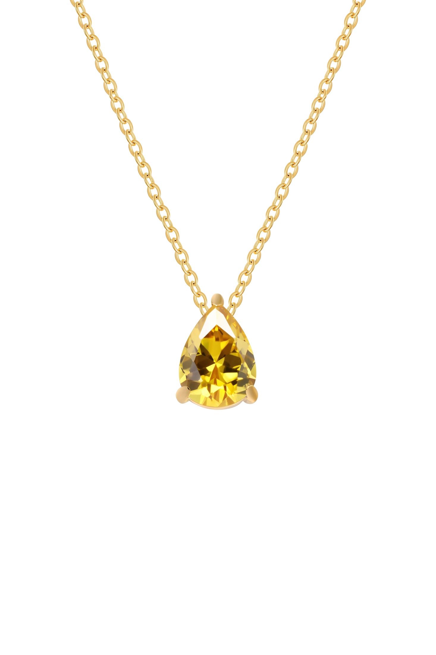 Front view of Adele Teardrop Necklace Gold Citrine, showing sun design, citrine detailing, gold finish.