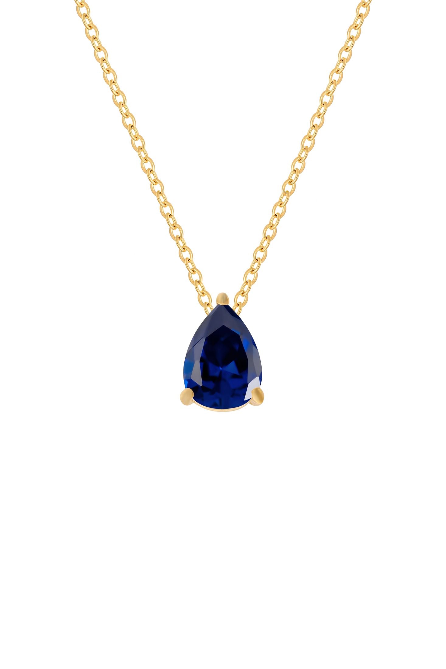 Front view of Adele Teardrop Necklace Gold Sapphire, showing cat design, sapphire detailing, gold finish.