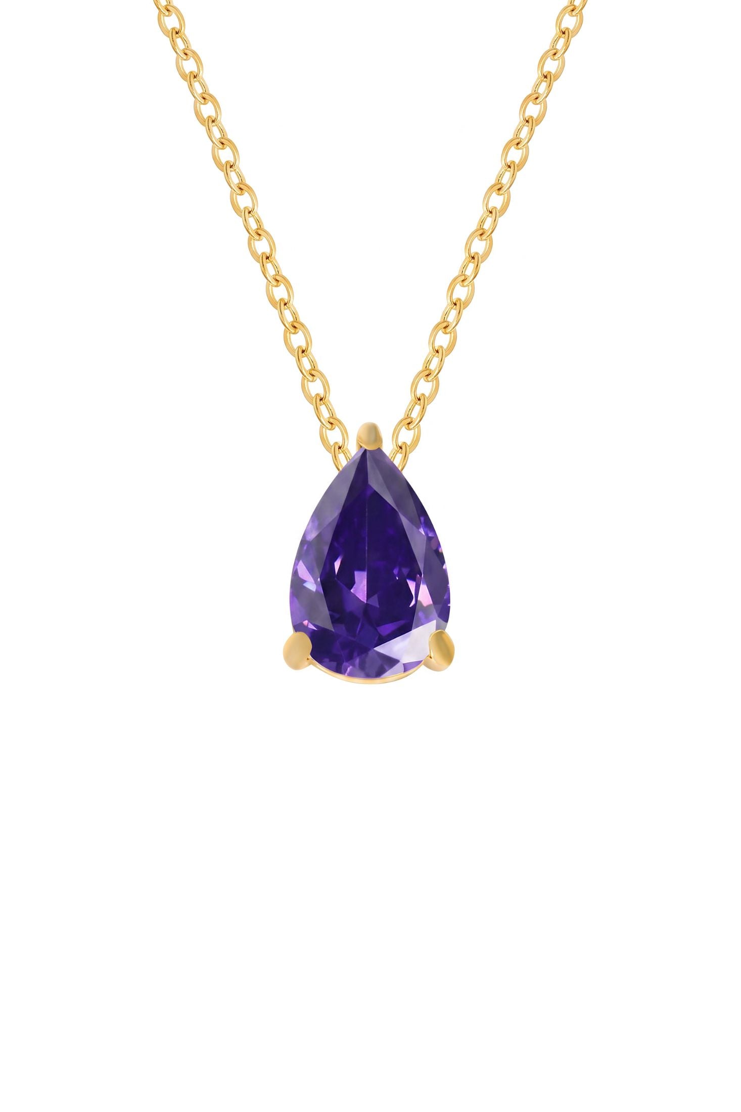 Front view of Adele Teardrop Necklace Gold Amethyst, showing cat design, amethyst detailing, gold finish.