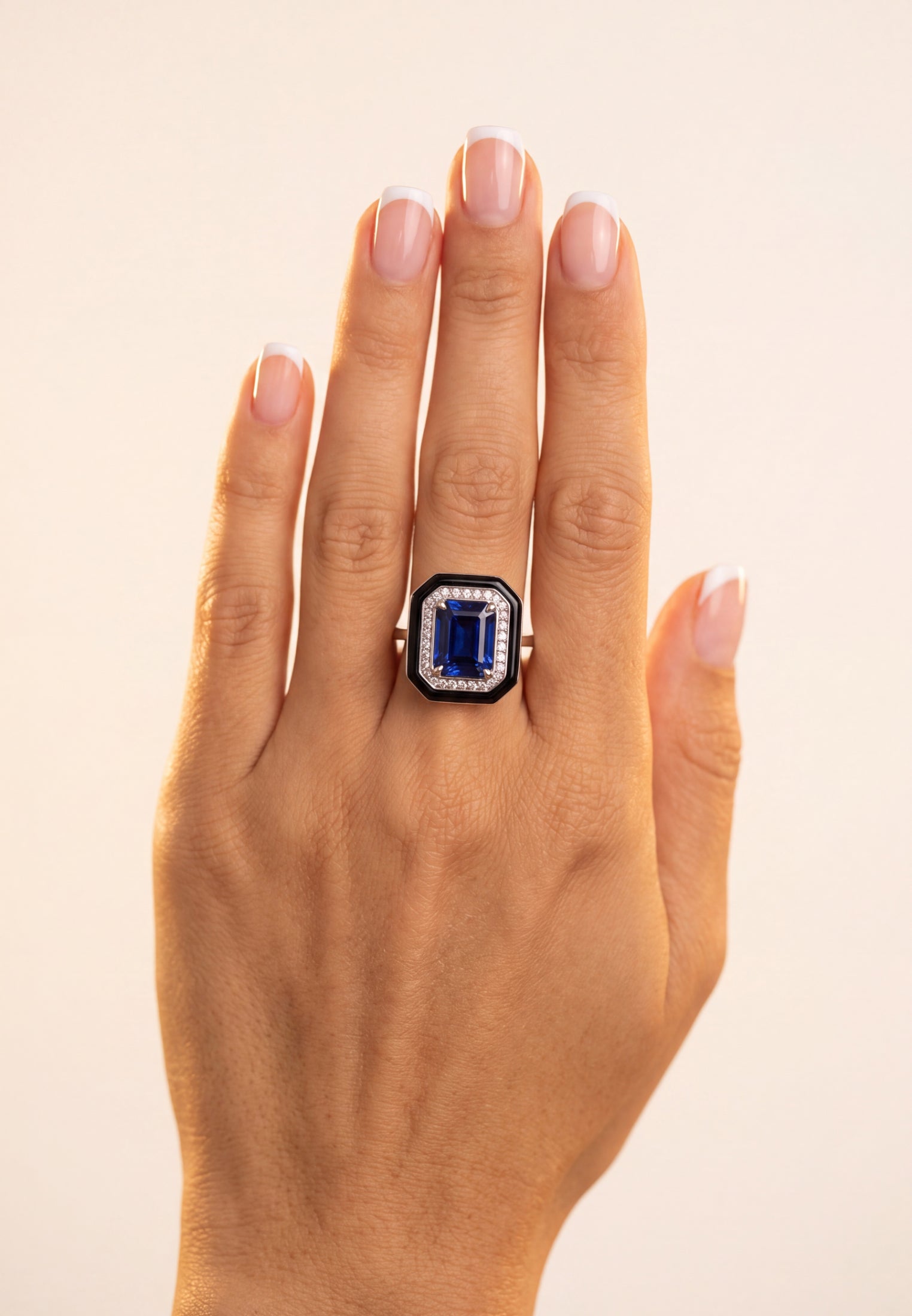 Art Deco Sapphire & Enamel Cocktail Ring Silver