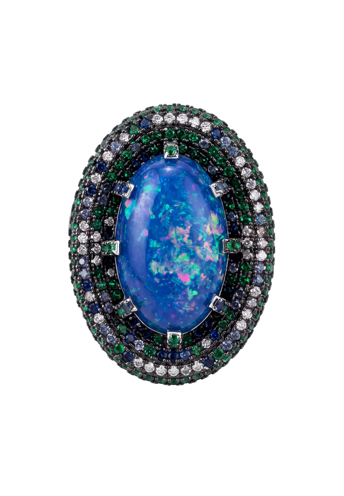 Oval blue opal ring with green and white gemstone halo setting.