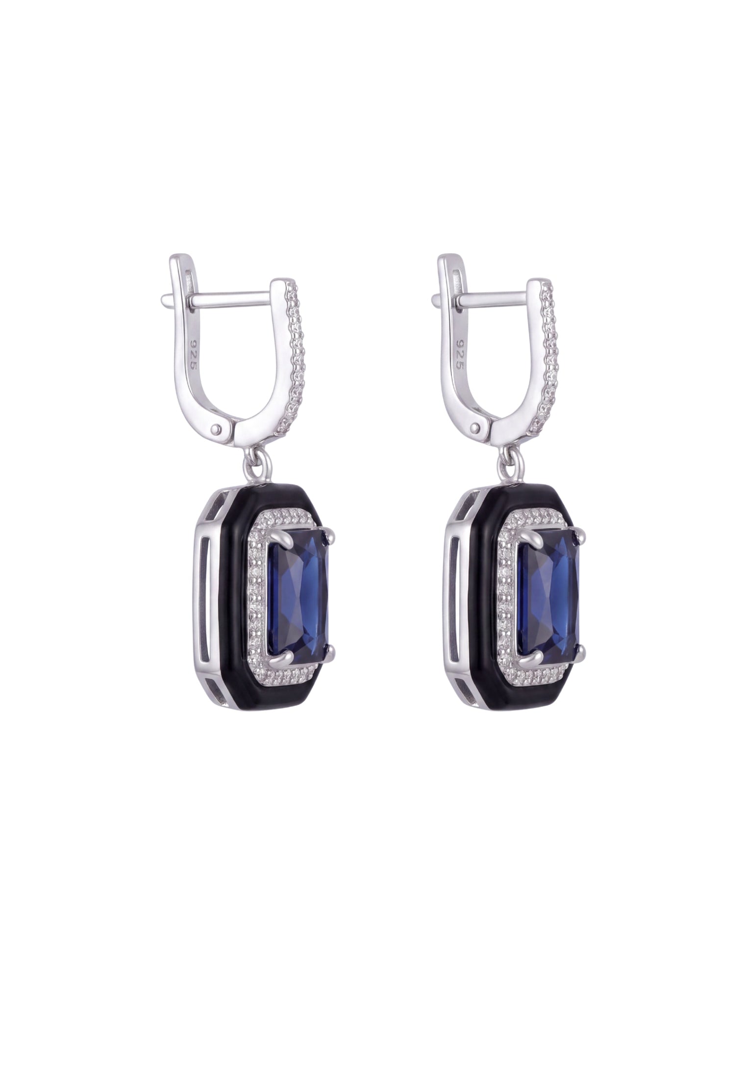 Art déco Saphir & Émail Boucles d’oreilles pendantes Argenté