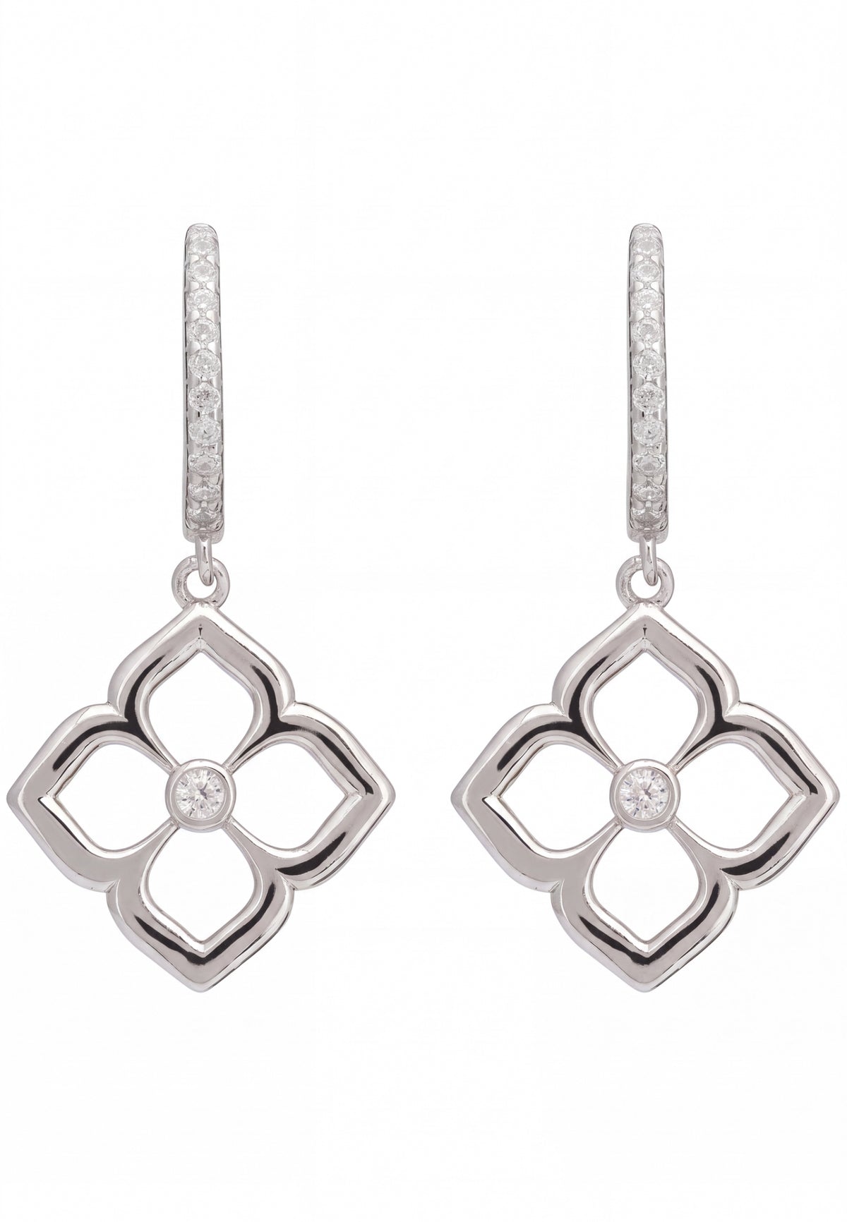 Open Pointed Clover Flower Drop Earrings Silver