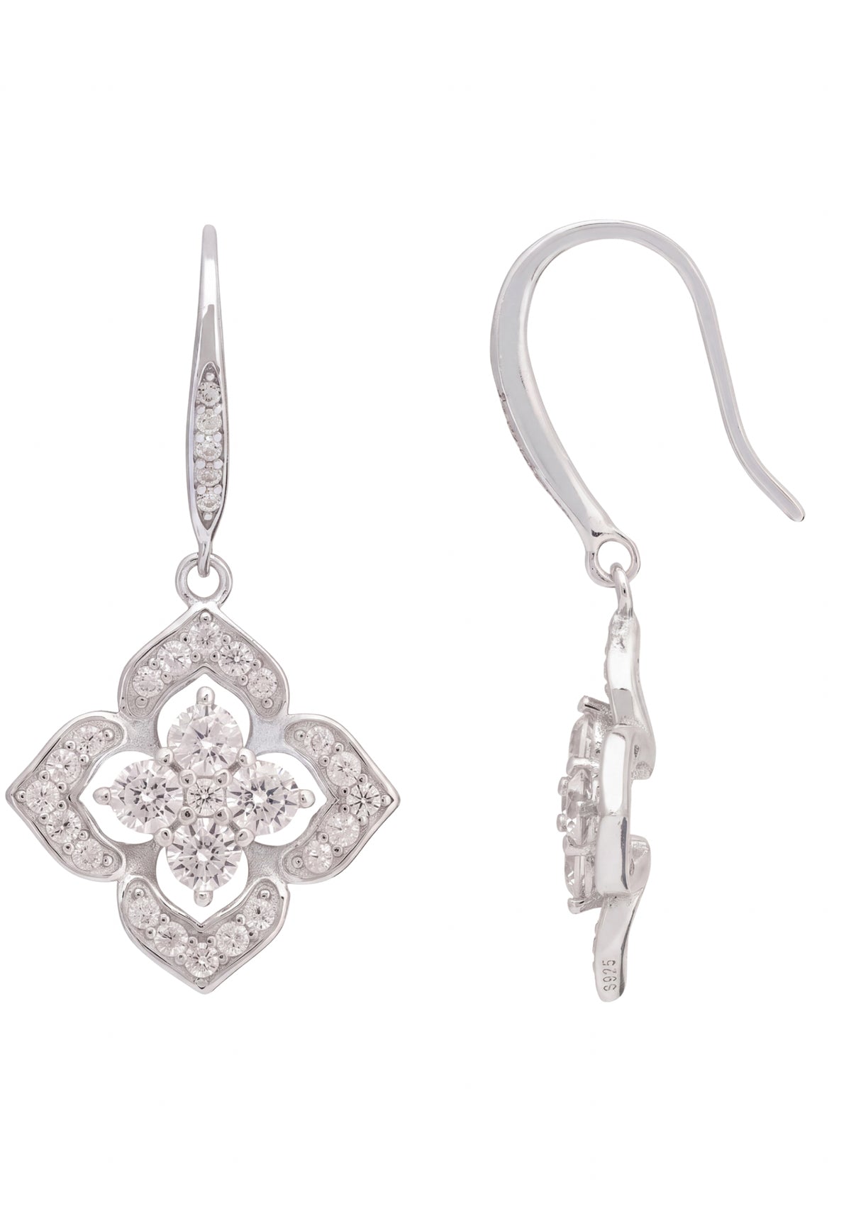 Pointed Cz Clover Flower Drop Earrings Silver