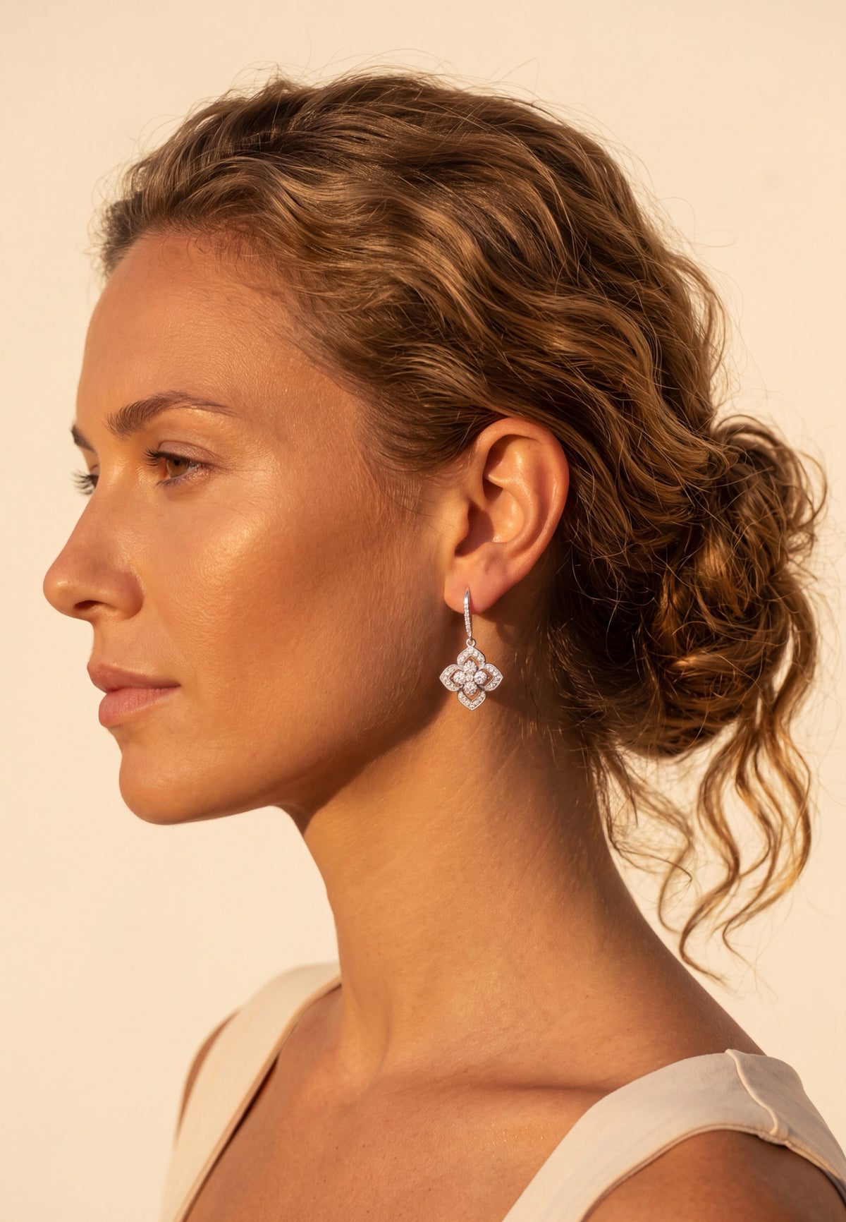 Pointed Cz Clover Flower Drop Earrings Silver