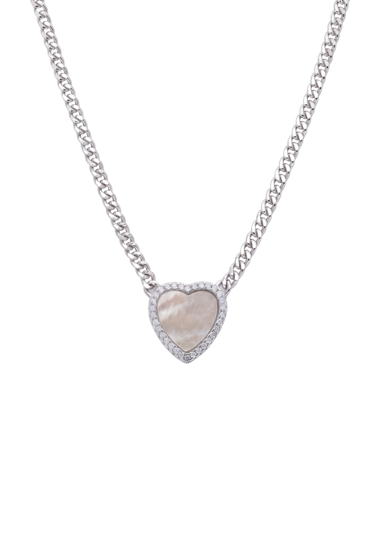 A silver-toned chain necklace with a heart-shaped pendant featuring a light beige mother-of-pearl center and a border of small clear stones, shown on a plain white background.