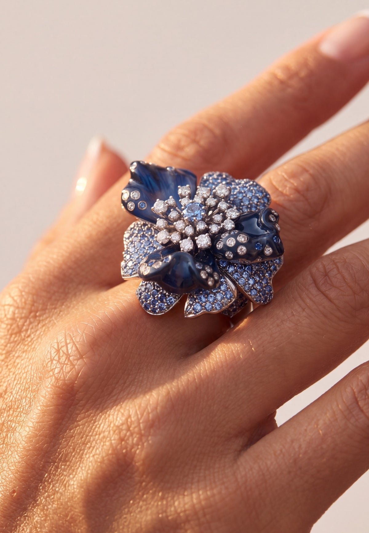 Blue Orchid Flower Cocktail Ring Silver