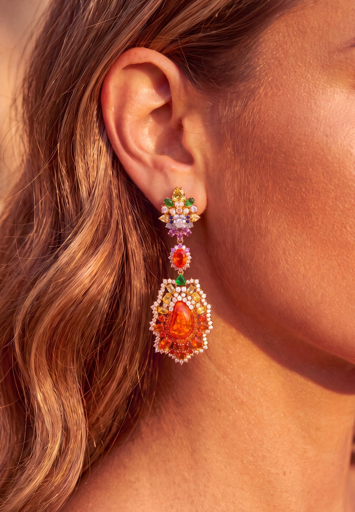 Frida Fire Opal Rainbow Drop Earrings Gold