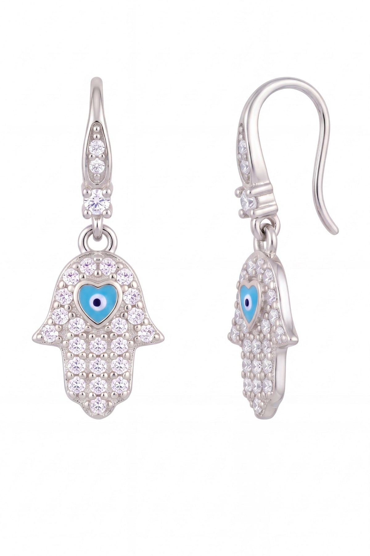 Silver hamsa hand dangle earrings with cubic zirconia and blue evil eye center